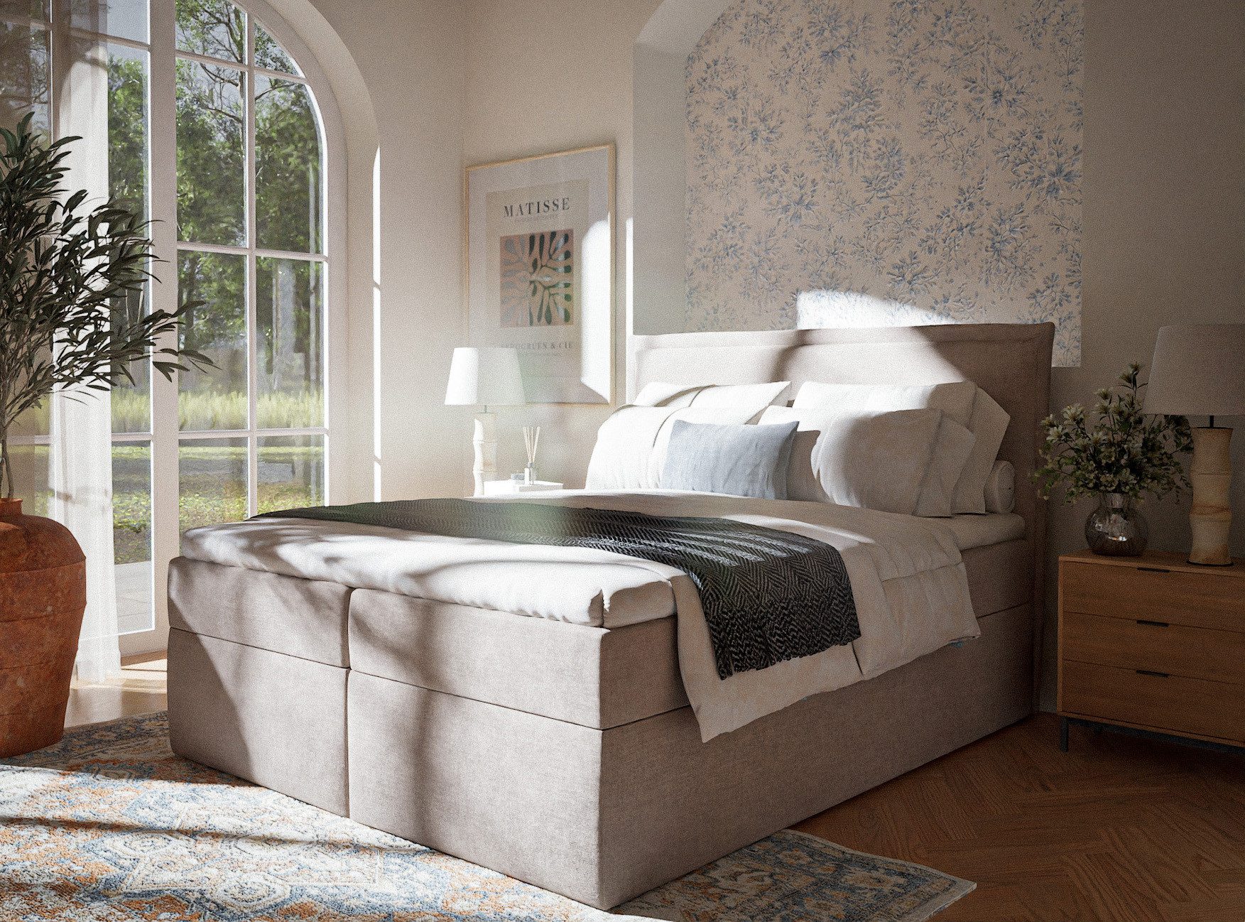 Maison de Rêve Boxbett Kubric mit Bettkasten (Matratze, Stauraum, Kopfteil, Topper), Boxspringbett mit Taschenmatratze H3, Doppelbett, inkl. Latex-Topper