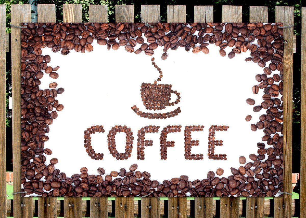 Thumbnail - Wallario Sichtschutzzaunmatten Kaffee Schrift aus Kaffeebohnen