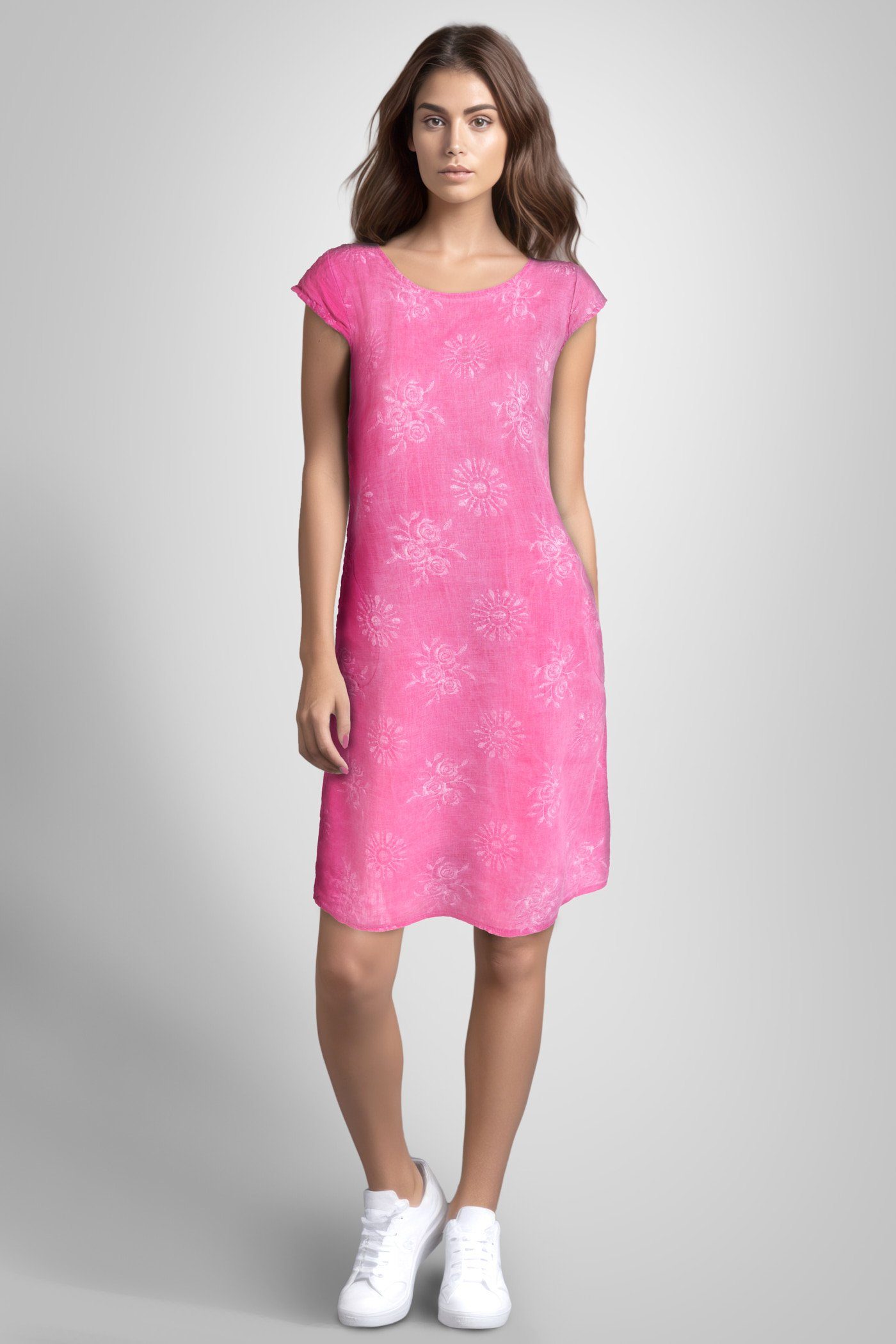 PEKIVESSA Sommerkleid Leinenkleid Damen knielang kurzarm (1-tlg) mit Stickerei v2-pink