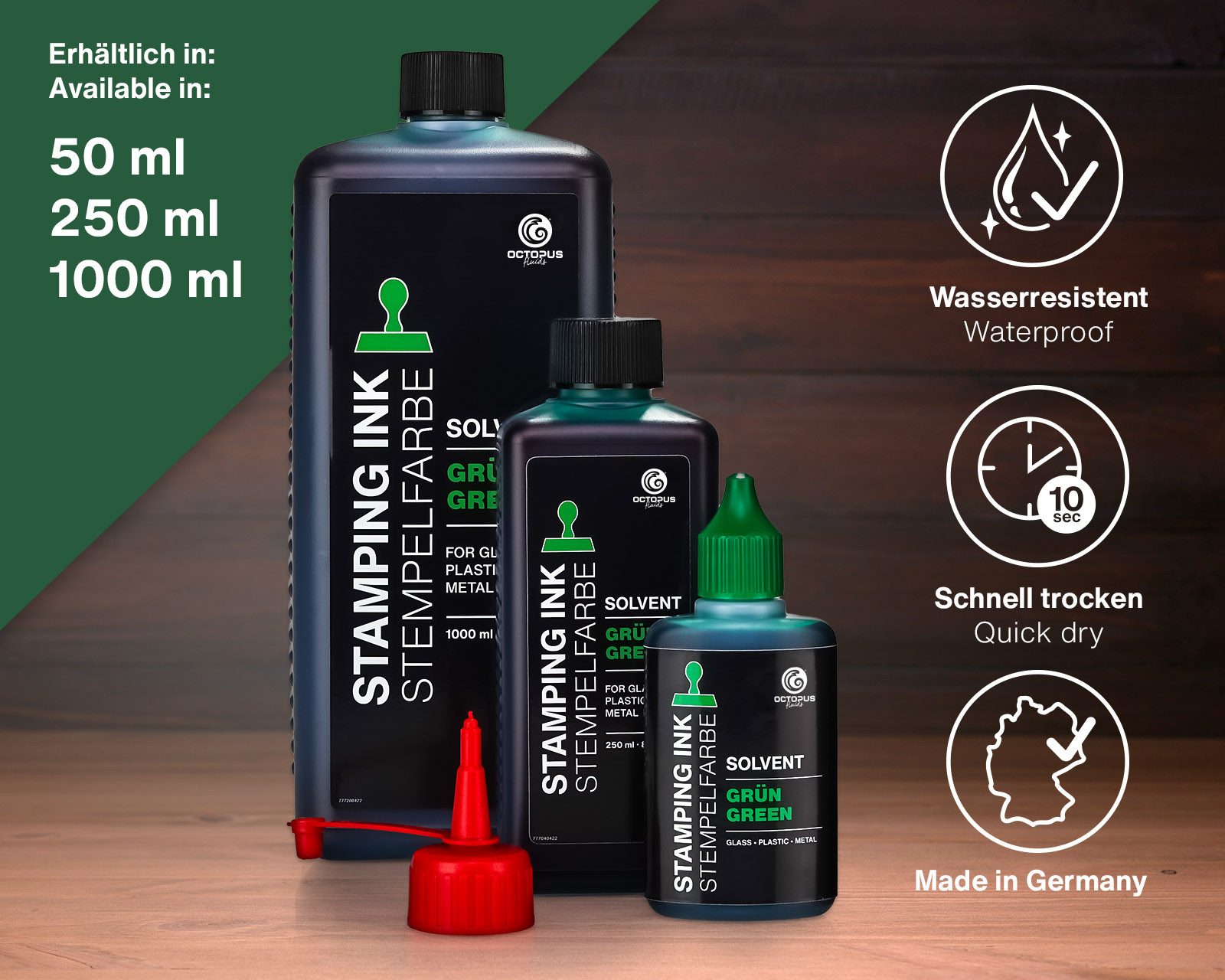 Thumbnail - OCTOPUS Fluids Lenizett Solvent Stempelfarbe für glatte Untergründe, grün Stempelkissen (1-tlg., wasserfest)