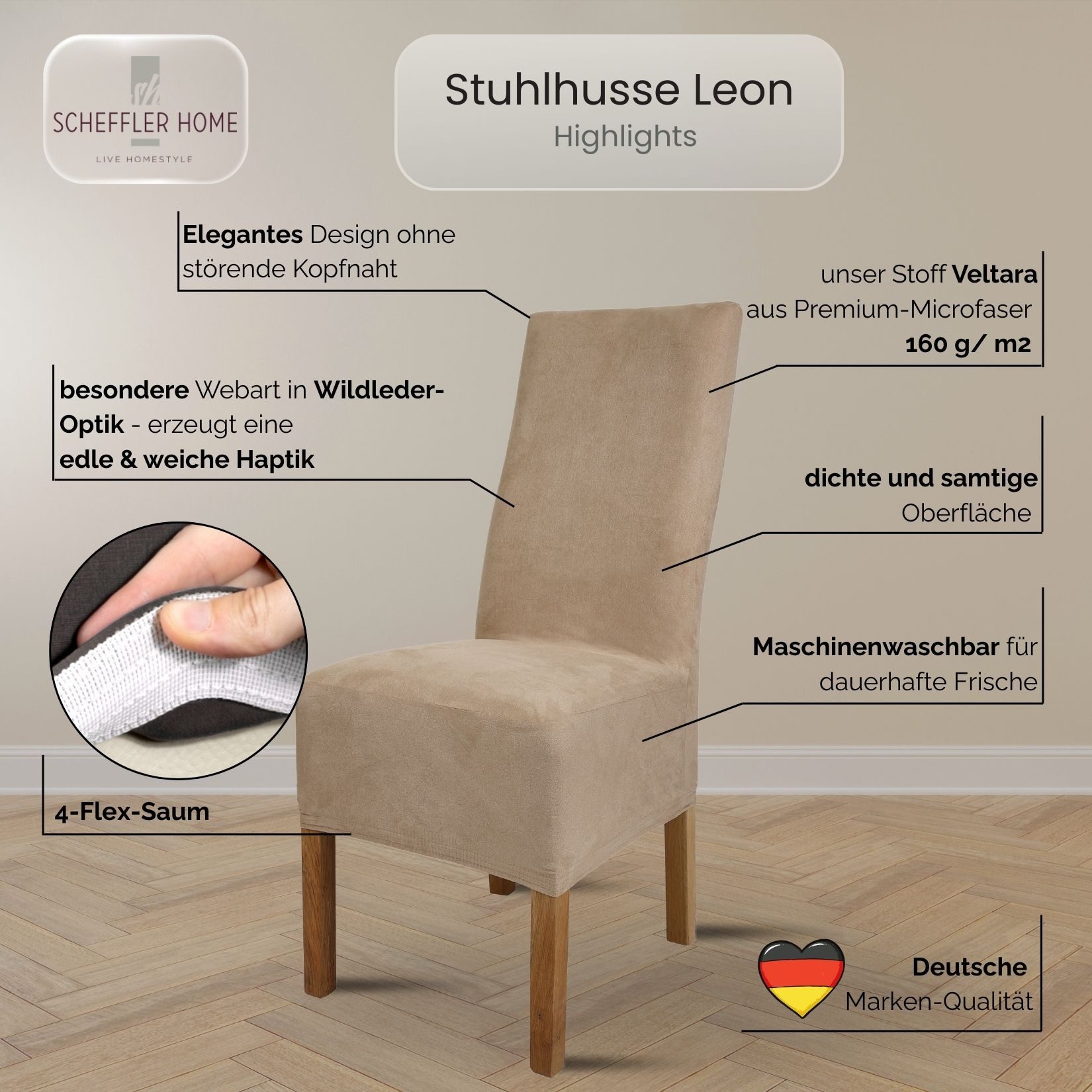 sh SCHEFFLER-HOME LIVE HOMESTYLE Stuhlhusse Leon Stoff Veltara, Premium-Microfaser Veltara in edler Wildleder-Optik – Bild 3 von 5
