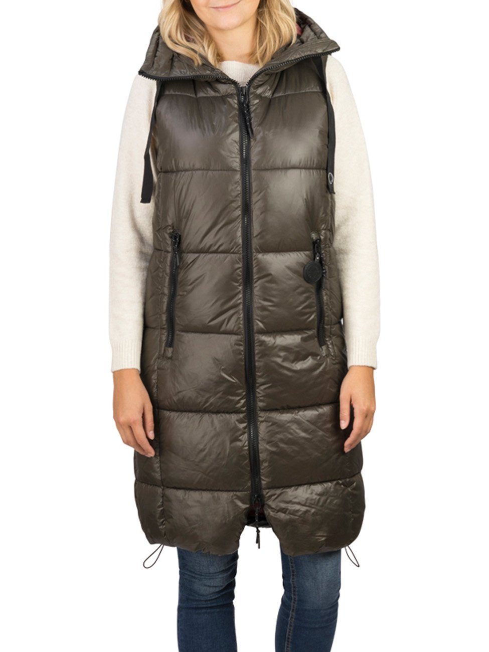 DENIMFY Outdoorjacke Damen Steppweste DFCaro Regular Fit knielange Übergangsweste mit Kapuze