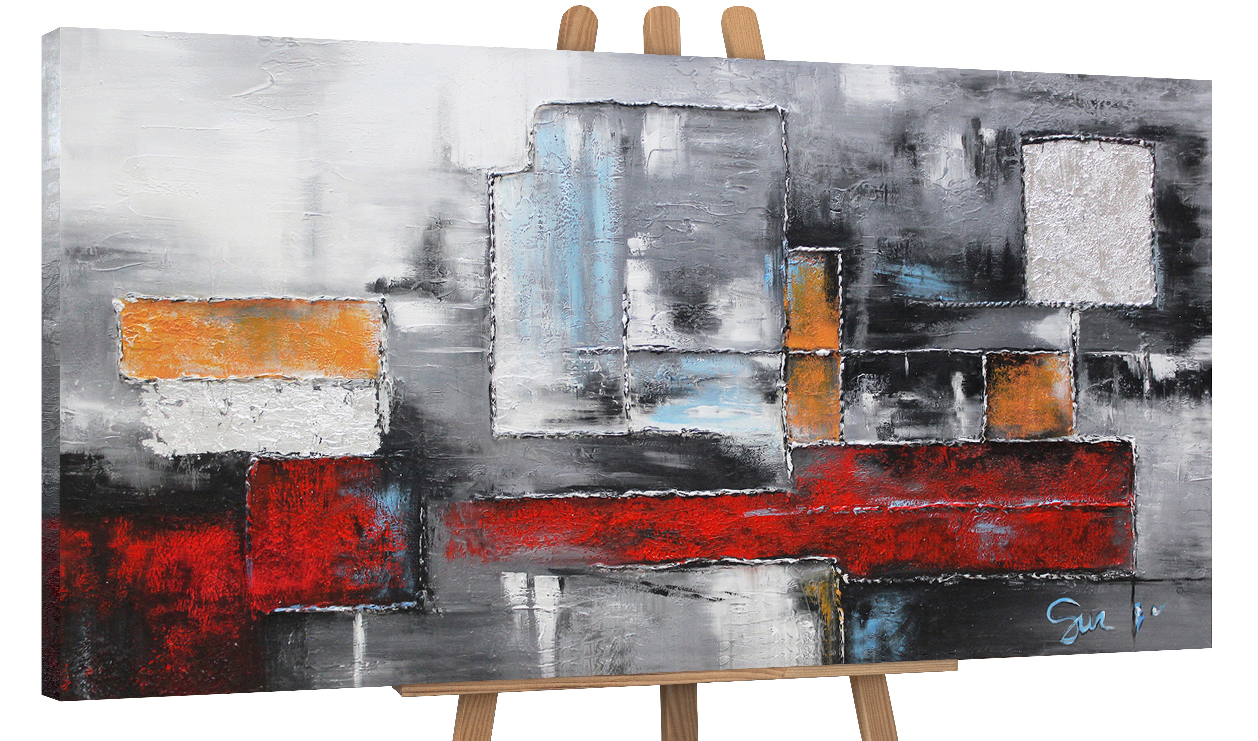 YS-Art Gemälde Abstraktion, Abstraktion, Abstraktes Leinwand Bild Handgemalt Quadrat Rechteck Rot Orange
