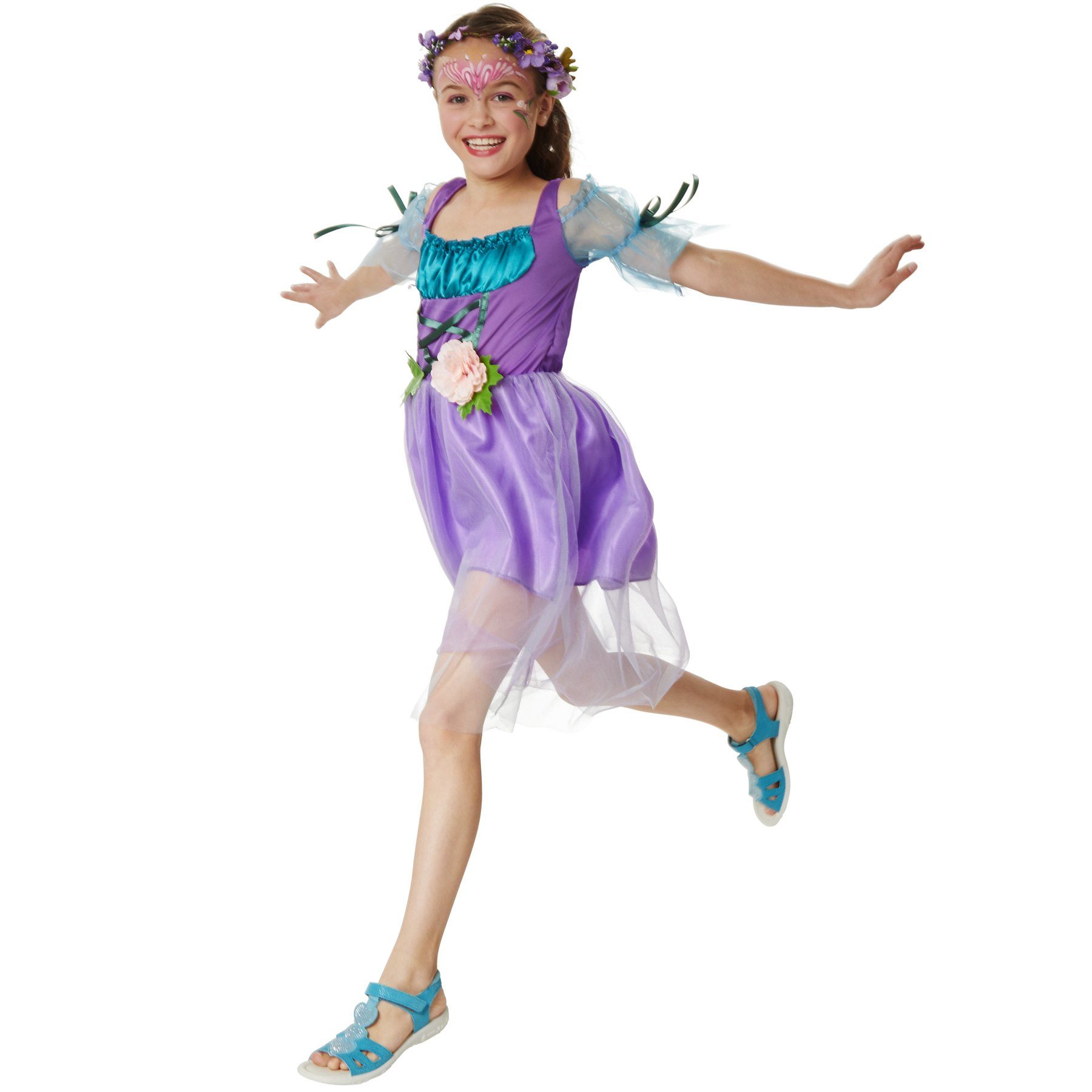 dressforfun Kostüm Mädchenkostüm Zauberblumen Fee, Hinreißendes Kleid in kräftigem Lila mit blauen und türkisen Elementen