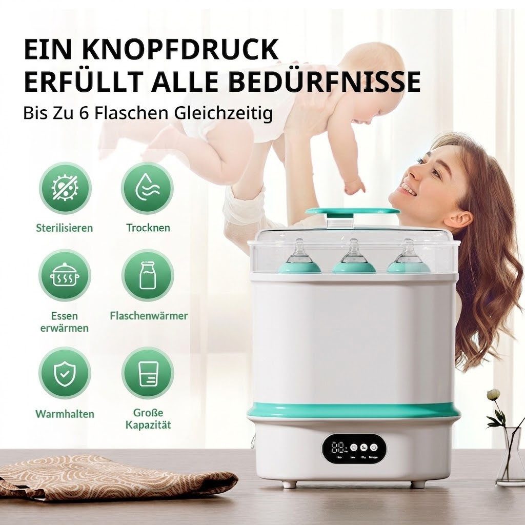 Tekoo Dampfsterilisator Vaporisator mit Trocknungsfunktion 4-in-1 für 6 Babyflaschen, 4-teiliges Set, 4-in-1 Funktion: Sterilisieren, Trocknen, Erwärmen & Aufbewahren