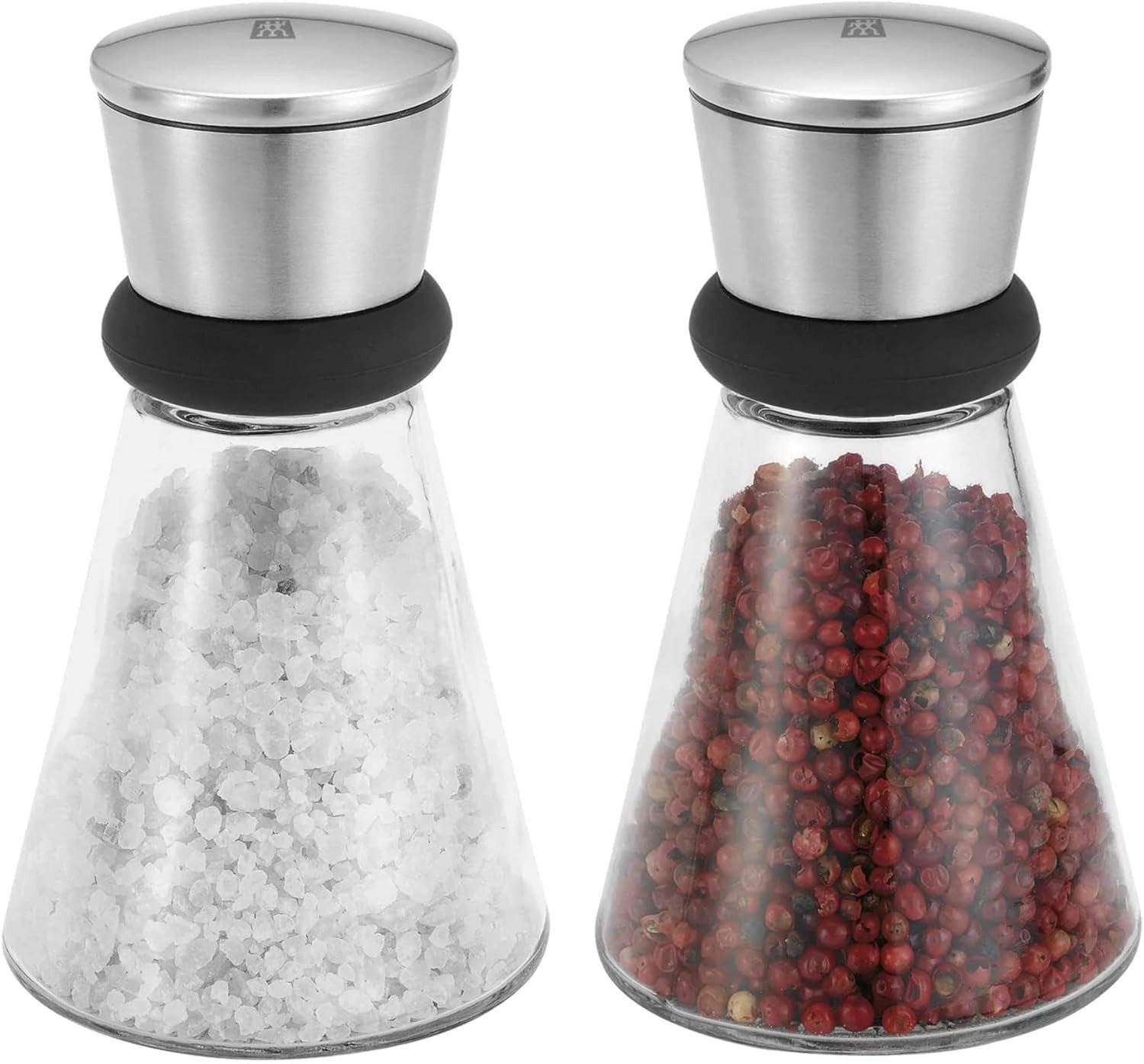 Zwilling Gewürzmühle Salz und Pfeffermühle 2er Set, mit Deckel Edelstahl manuell, (2 Stück), Edelstahl gebürstet, Glas Salzmühle Keramikmahlwerk