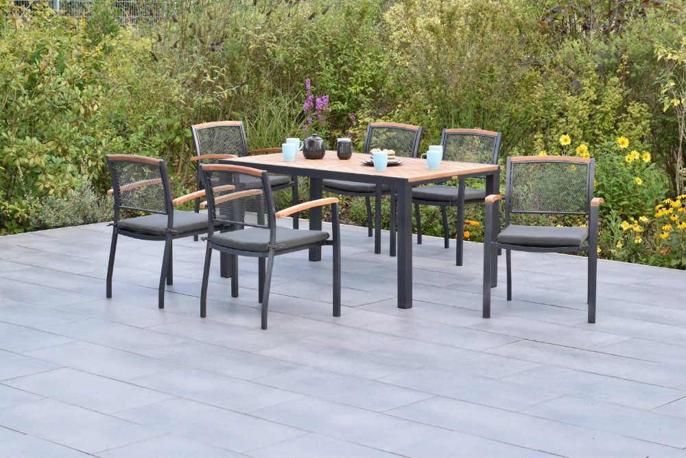 MERXX Garten-Essgruppe »Tilos«, (Set, 13-tlg., Inkl. Auflagenr, Armlehnen und Rückenabschluss aus Akazienholz), Tisch: LxB: 150x90 cm
