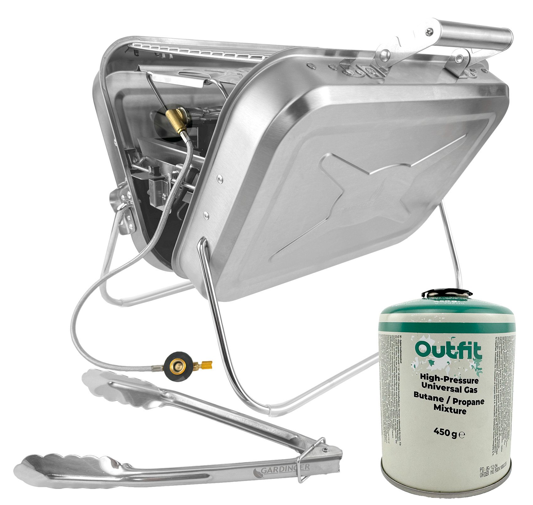 Camping-Gasgrill Edelstahl-Campinggrill BBQ 45 Set mit EN417-Schraubkartusche 450 g
