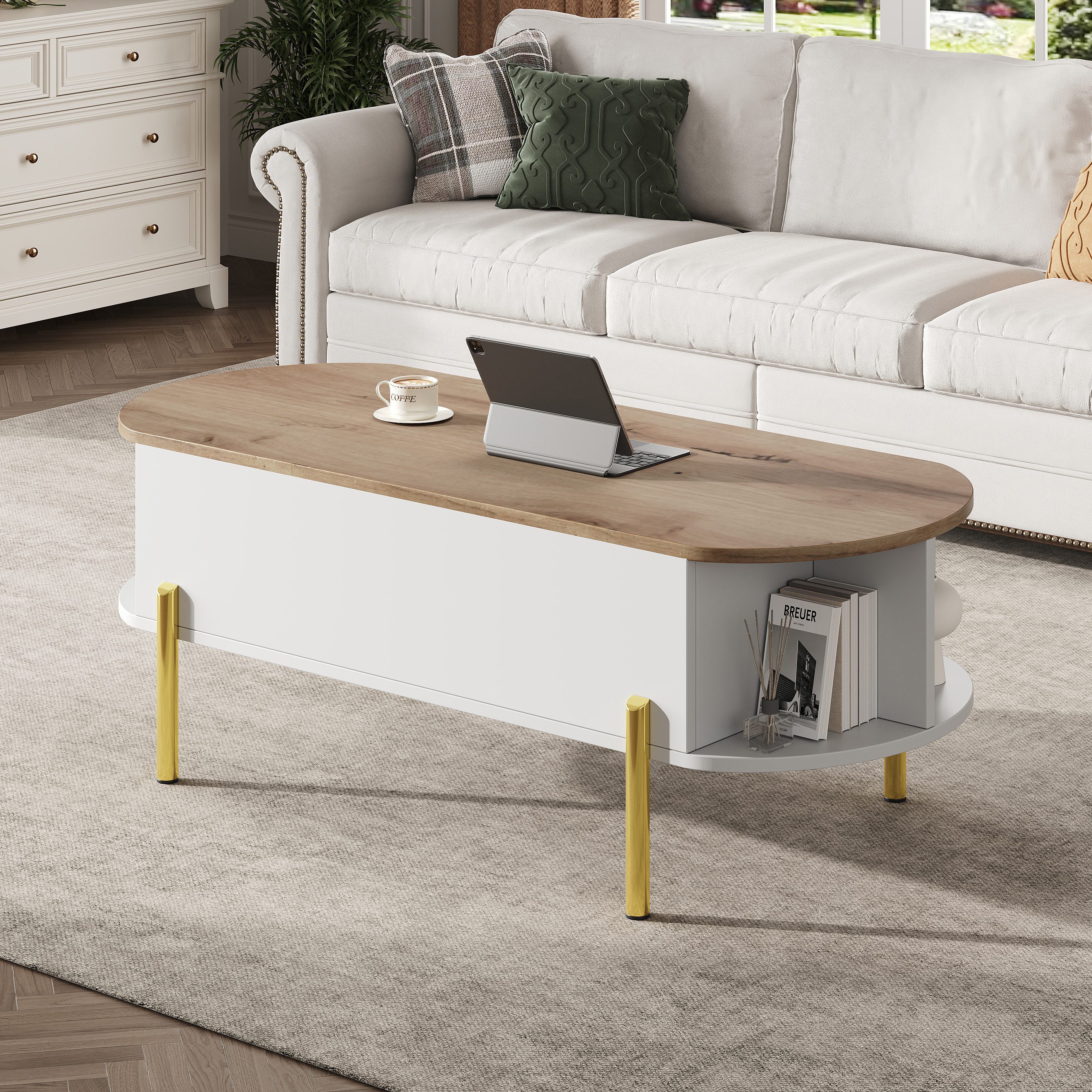 Merax Couchtisch höhenverstellbar Besitelltisch mit goldfarbenen Metallbeinen,Holzoptik (1-St., 120×50×43cm), Wohnzimmertisch mit Lift-Top, 7 Ablageflächen & ve – Bild 4 von 5