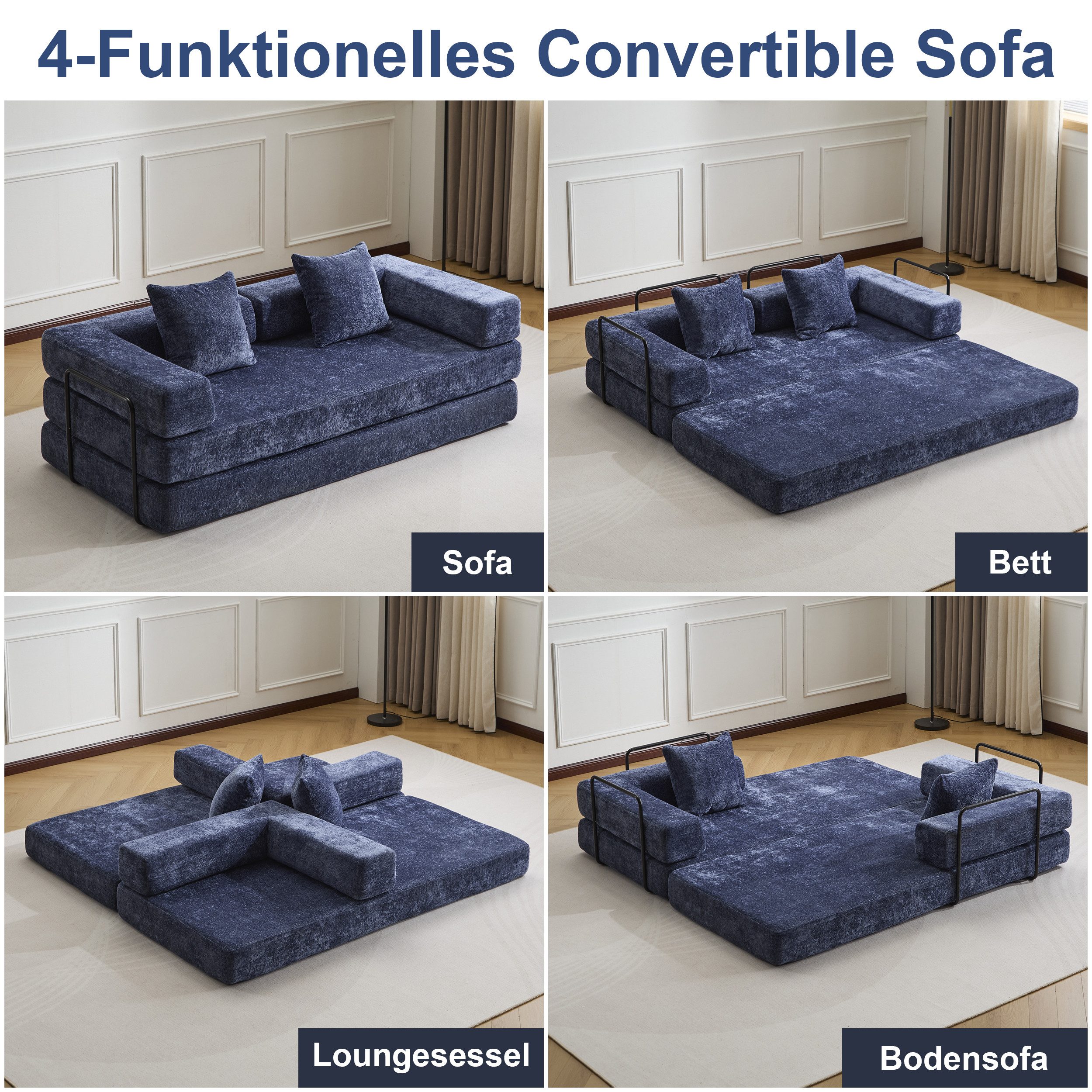 Vankel Loungesofa 4-in-1 Wohnzimmers sofa mit Schlaffunktion – faltbares Sofa, Platzsparendes Design für kleine Räume – Sofa, Liege und Bett in einem