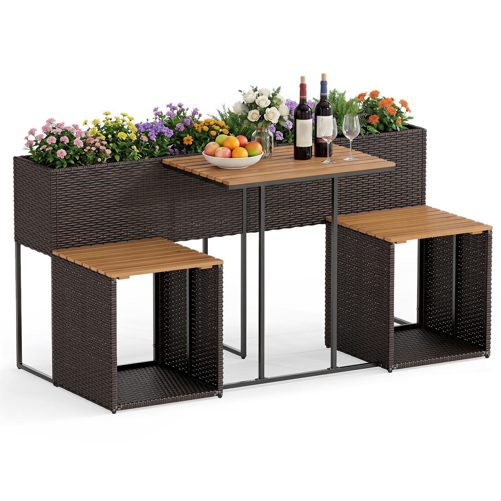 COSTWAY Balkonset, mit Hochbeet, integrierten Stühlen & Stauraum Rattan