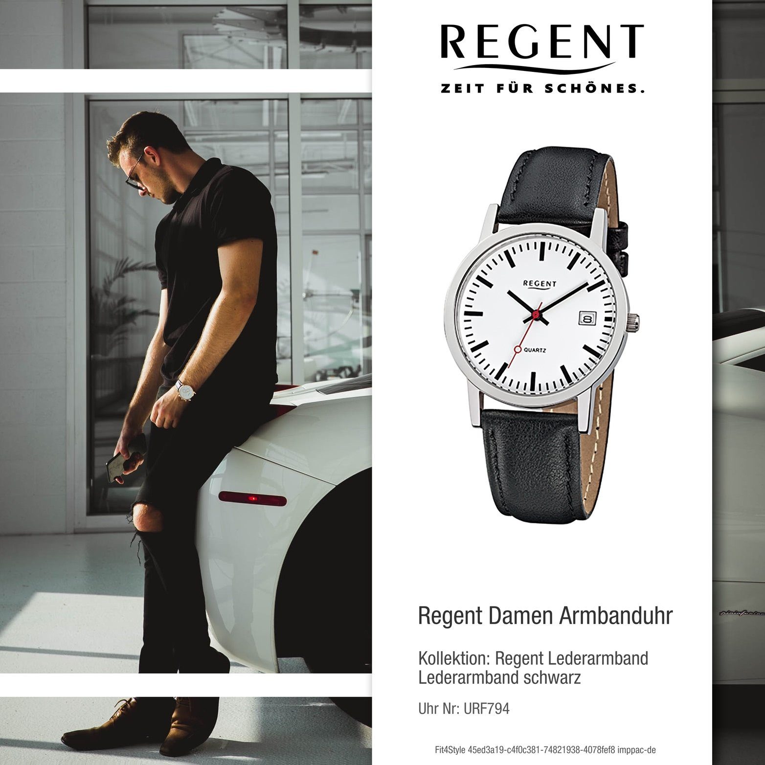 Regent Quarzuhr Regent Leder rundes F-794, schwarz, mittel Herren Uhr Herrenuhr Damen Gehäuse, Damen, Lederarmband (34mm)