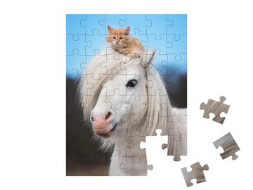 puzzleYOU Puzzle Kätzchen auf dem Kopf eines weißen Shetlandponys, 48 Puzzleteile, puzzleYOU-Kollektionen Pferde, 48 Teile, 100 Teile, Shetlandpony