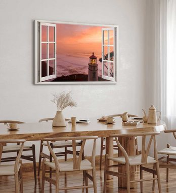 Sinus Art Leinwandbild Wandbild 120x80cm Fensterbild Meer Wellen Horizont Leuchtturm Abendrot, (1 St)