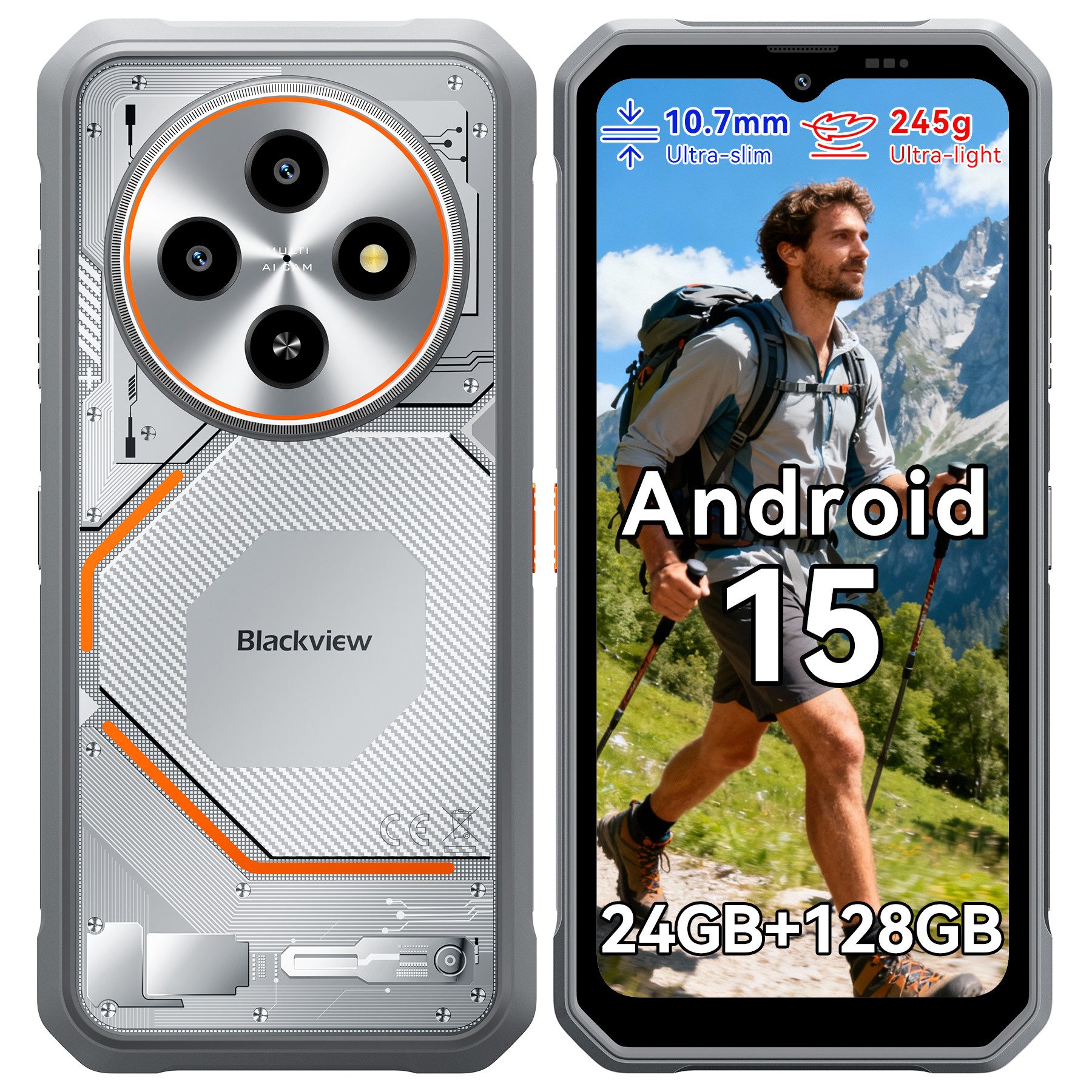 blackview FORT 2 Ultradünnes Robustphone: Nur 10.7mm, AI-Dreifachkamera Outdoor Smartphone (6,56 Zoll, 128 GB Speicherplatz, DokeOS5.0, Google Lens, 1080p Video, 16MP, 5WOTG)