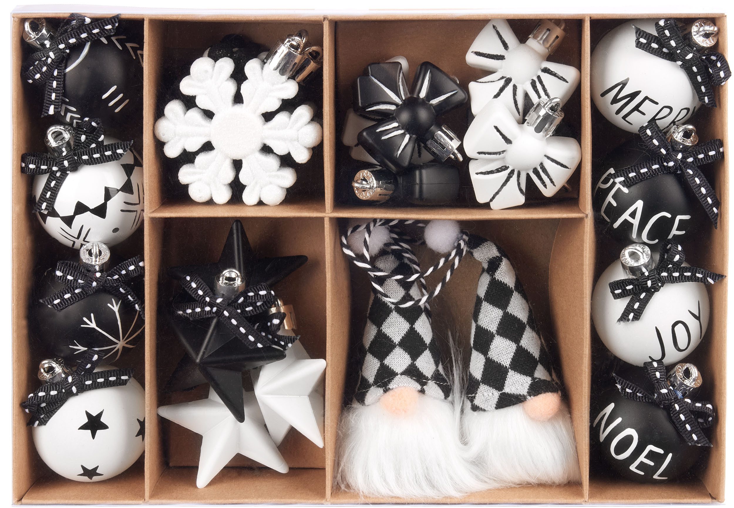 BRUBAKER Weihnachtsbaumkugel 24 Stück Christbaumschmuck Black and White - Weihnachtskugel Set (70 St), Wichtel, Schneeflocken, Merry, Peace, Joy und Noel Baumku – Bild 5 von 5