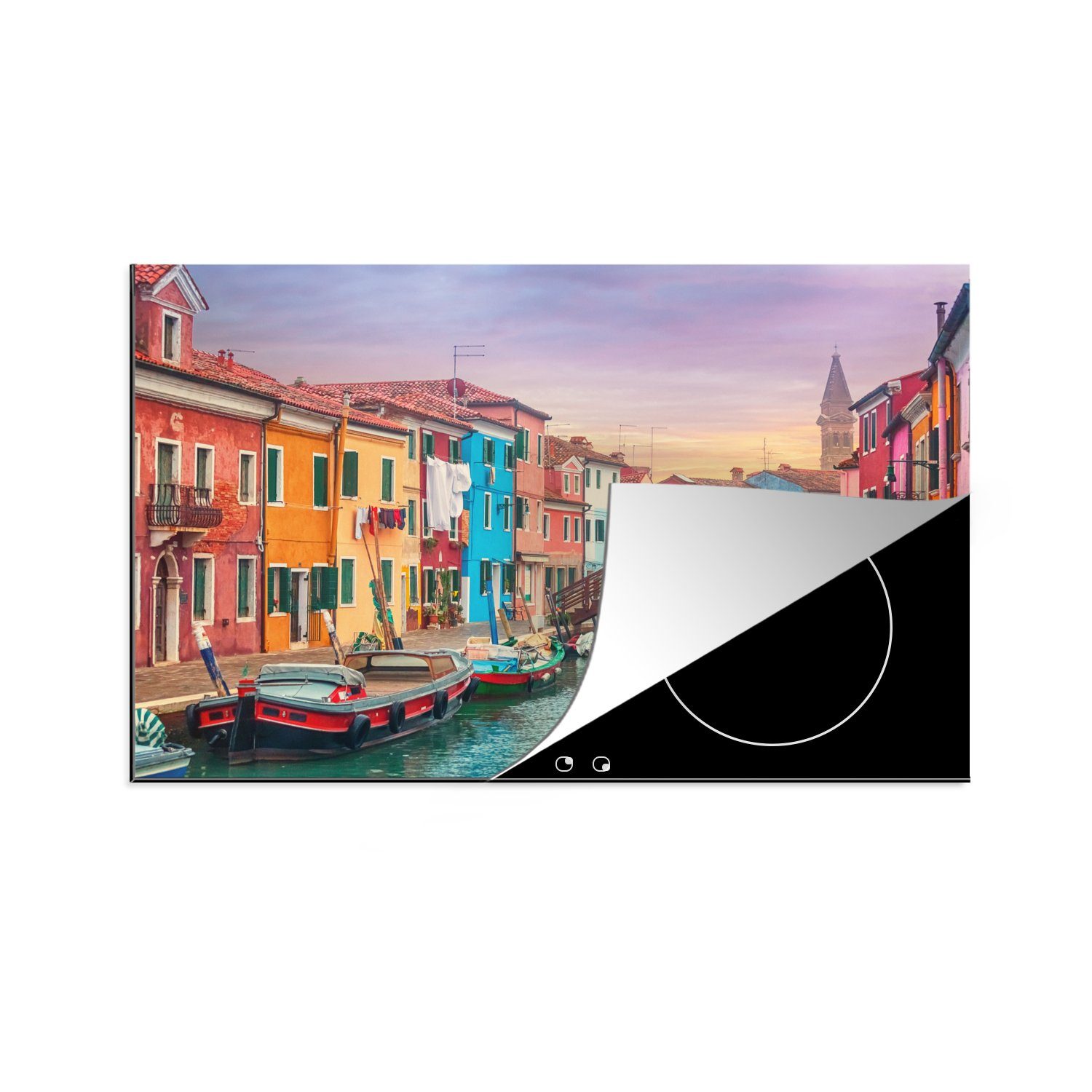 MuchoWow Herdblende-/Abdeckplatte Kanal in Venedig mit bunten Häusern, Vinyl, (1 tlg), 81x52 cm, Induktionskochfeld Schutz für die küche, Ceranfeldabdeckung