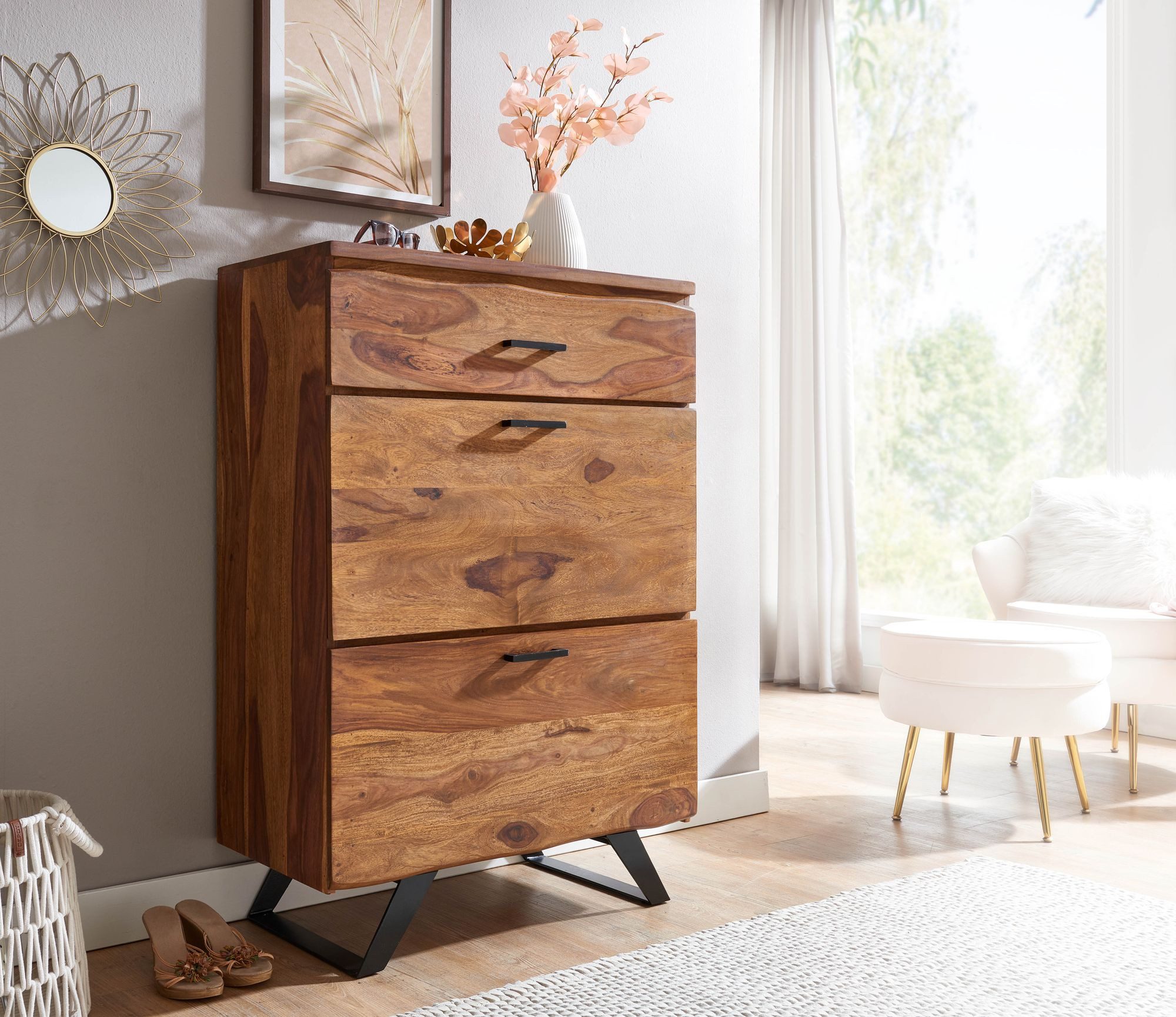 furnicato Kommode Massivholz, Walnuss Finish 80x120x41,5 cm Braun (1 St), Handgefertigtes Highboard mit 3 Schubladen und viel Stauraum
