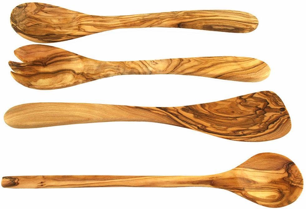Olivenholz-erleben Kochbesteck-Set aus naturbelassenem Olivenholz (Set, 4-tlg., Kochlöffel, Pfannenwender, 2tlg. Salatbesteck), Schonend zu Pfannen & Töpfen, nachhaltig, geschmacksneutral