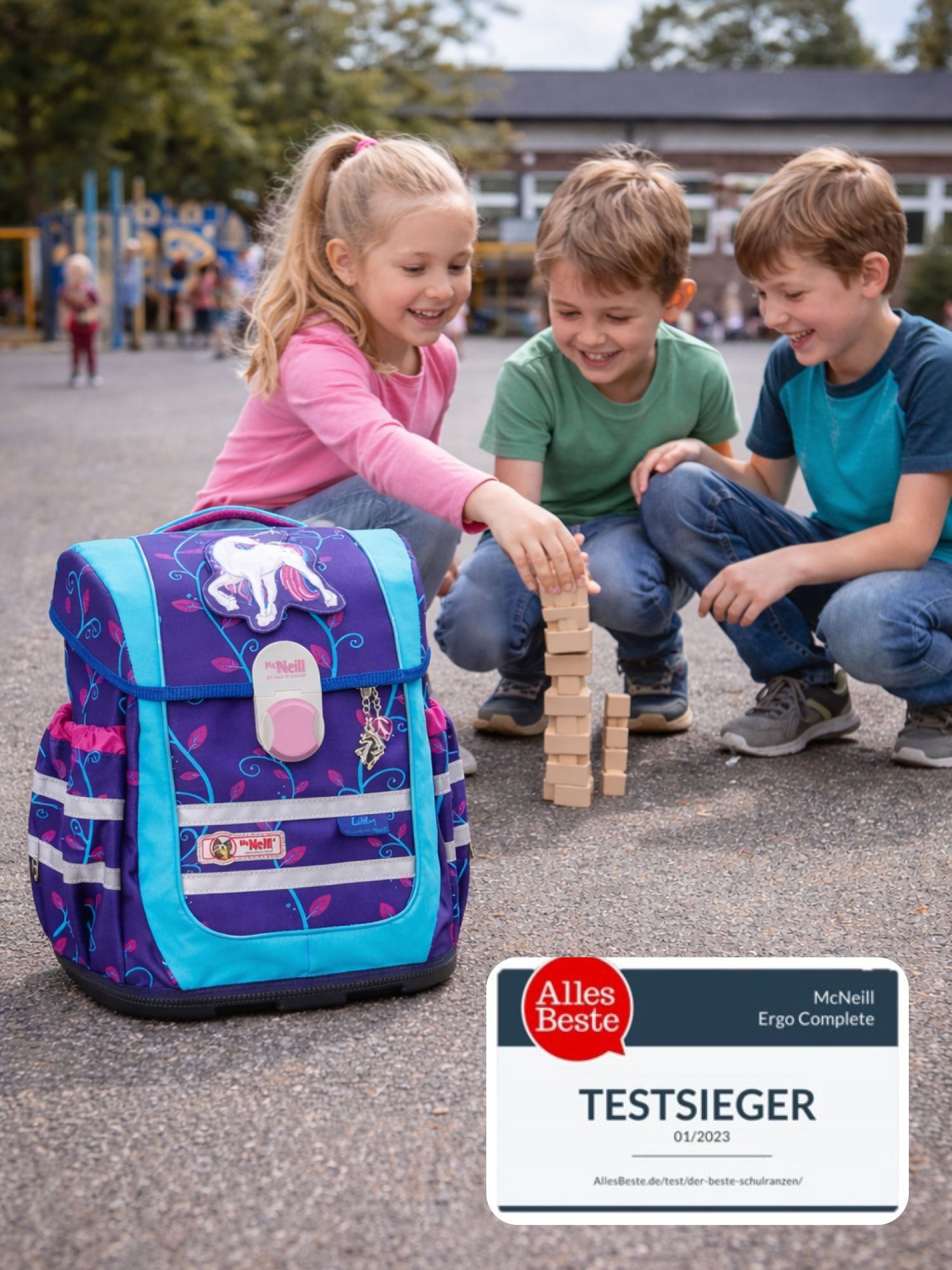 McNeill Schulranzen Ergo Complete "Lilly" Unicorn Einhorn Schultasche ab der 1. Klasse (Set, 9-tlg., inkl. Federmappe und Sporttasche), ergonomisch; mit Brustgurt; höhenverstellbar - wächst mit dem Kind mit