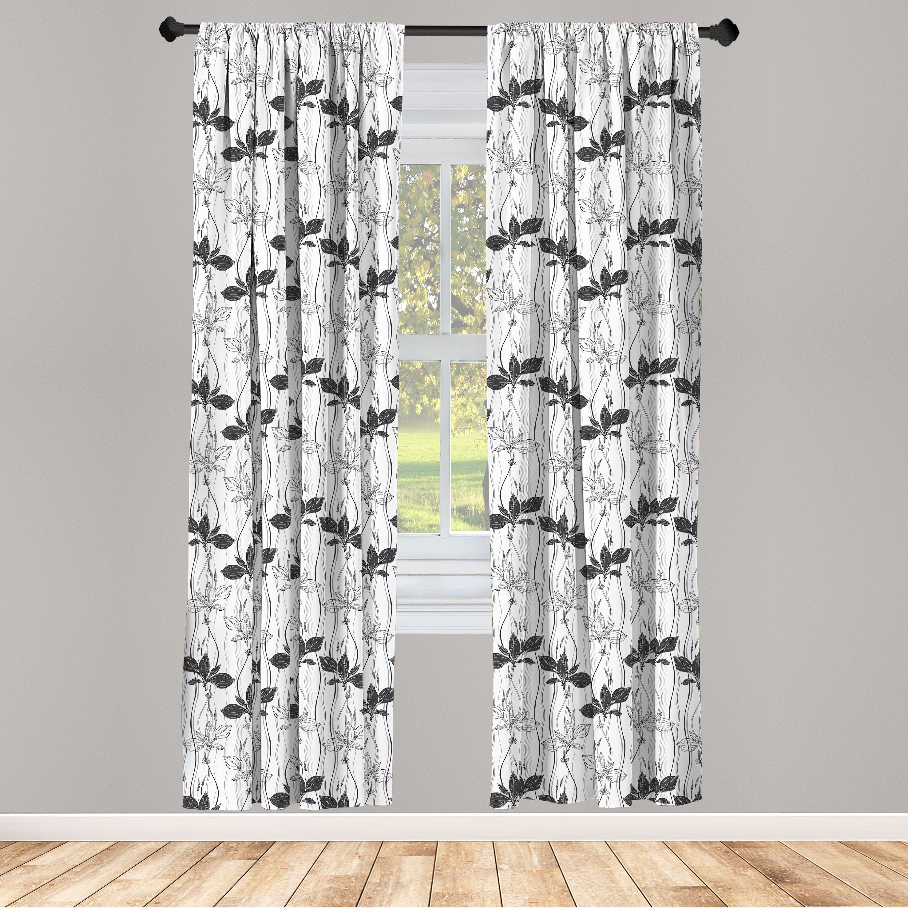 Gardine Vorhang für Wohnzimmer Schlafzimmer Dekor, Abakuhaus, Microfaser, Blume Graustufen- Plantain
