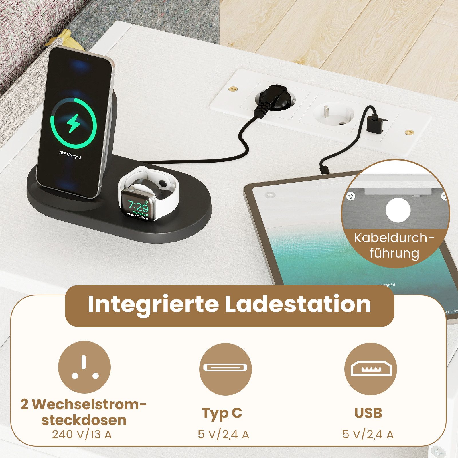 COSTWAY Nachttisch (1-St), Beistelltisch mit Ladestation, Sofatisch mit Schublade
