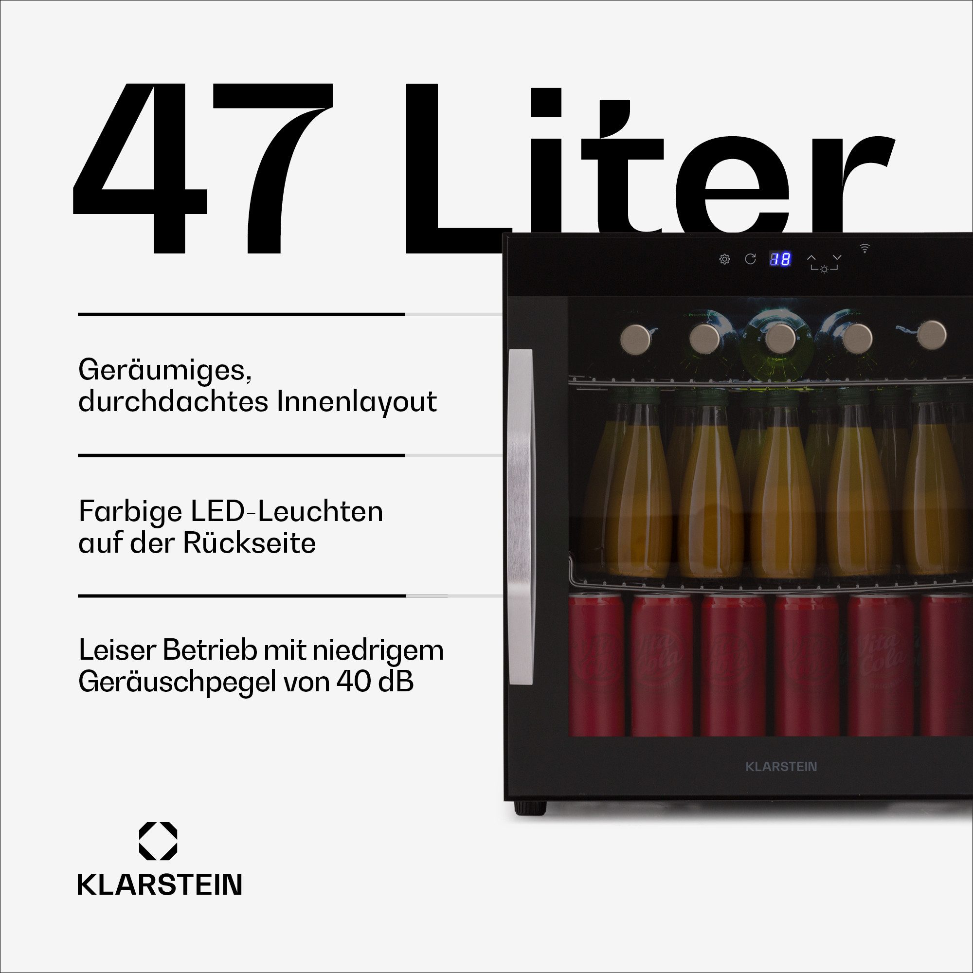 Klarstein Table Top Kühlschrank 10046571, 51.5 cm hoch, 47.5 cm breit, Bier Hausbar Getränkekühlschrank Hotel Mini Fridge 47 L Wifi