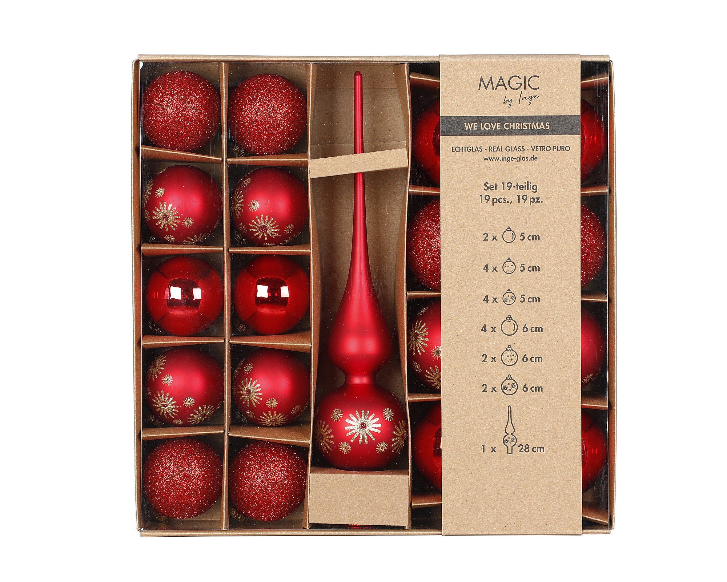 MAGIC by Inge Weihnachtsbaumkugel, Weihnachtskugeln Glas mit Motiv und Spitze 19er Set - Merry Red