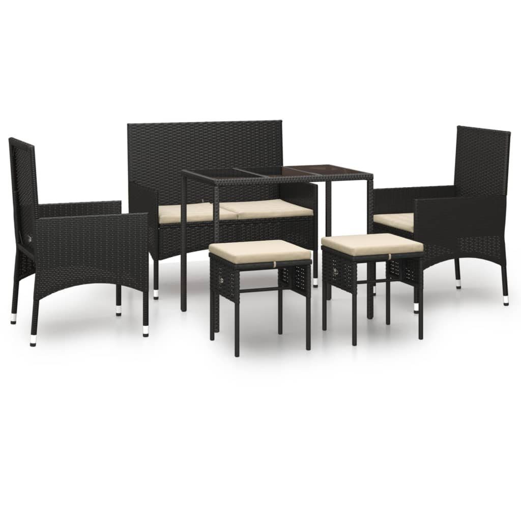 (6-tlg) Kissen Schwarz Schwarz Poly mit Garten-Lounge-Set vidaXL Gartenlounge-Set Weiß 6-tlg. Rattan, und