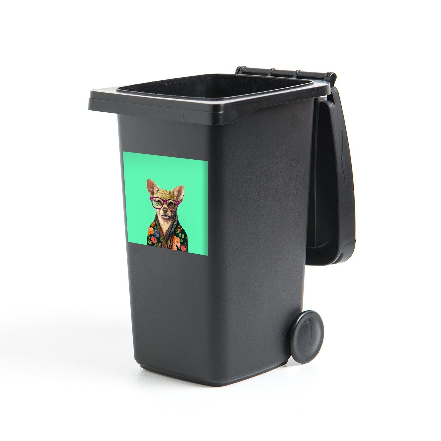 MuchoWow Wandsticker Brille - Mülltonne, Chihuahua Mülleimer-aufkleber, - Abfalbehälter Hund Blumen (1 - Container, Sticker, - St), Tier