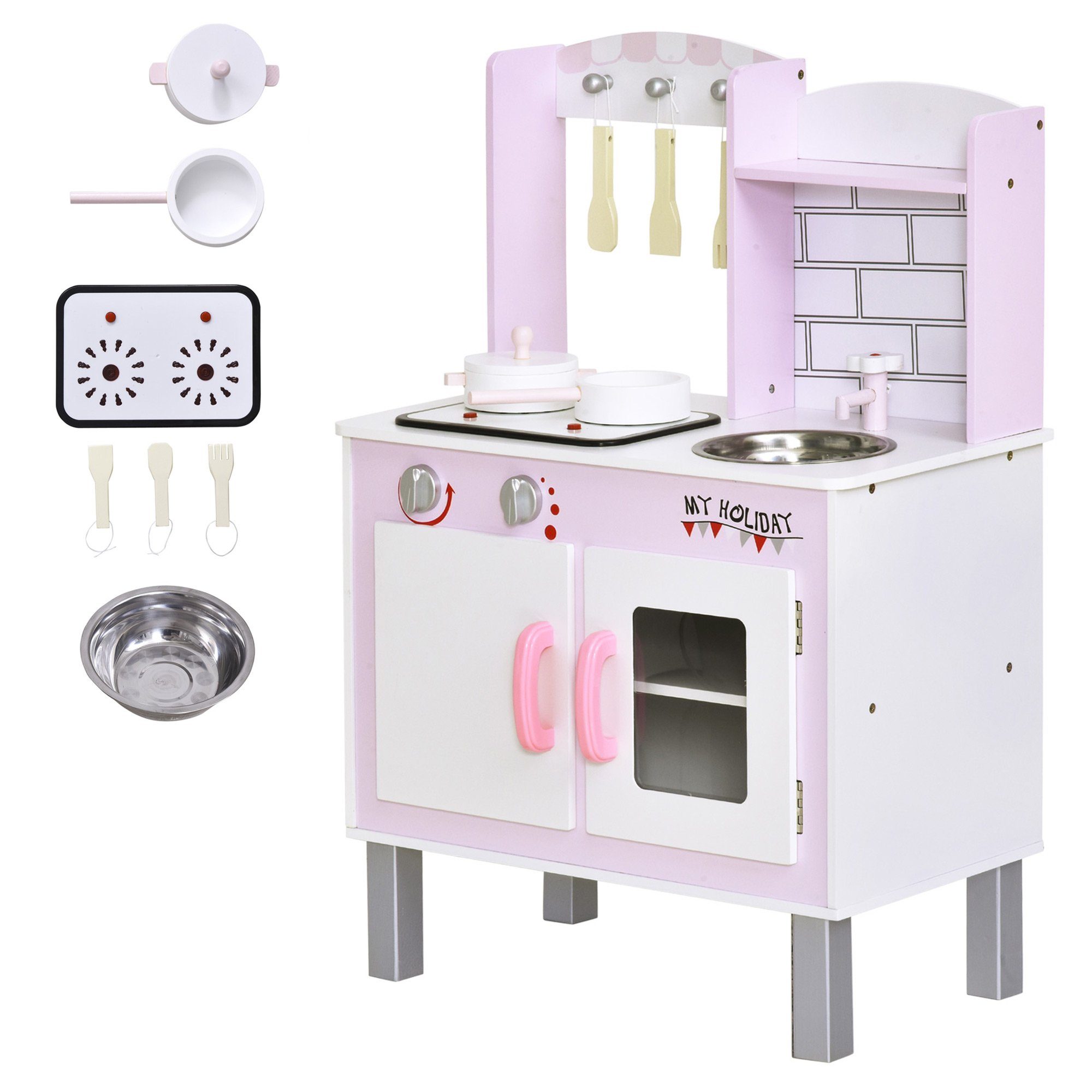Kinderküche mit Zubehör Traumküche Spielküche Spielzeugküche Kiefer MDF Weiß 
