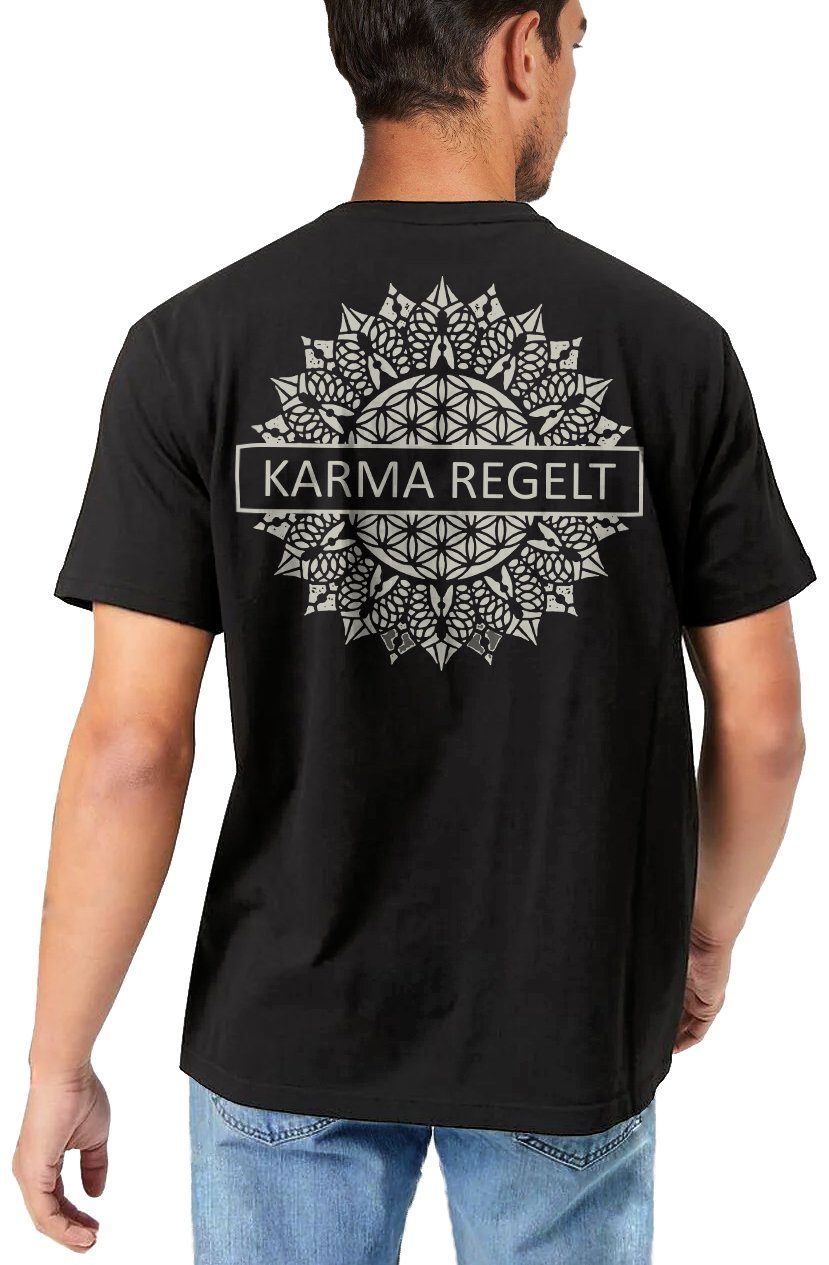 MAKAYA T-Shirt mit Rücken Druck Esoterik Karma Geschenke Spruch Rückenprint Lustig Herren Regelt Schwarz