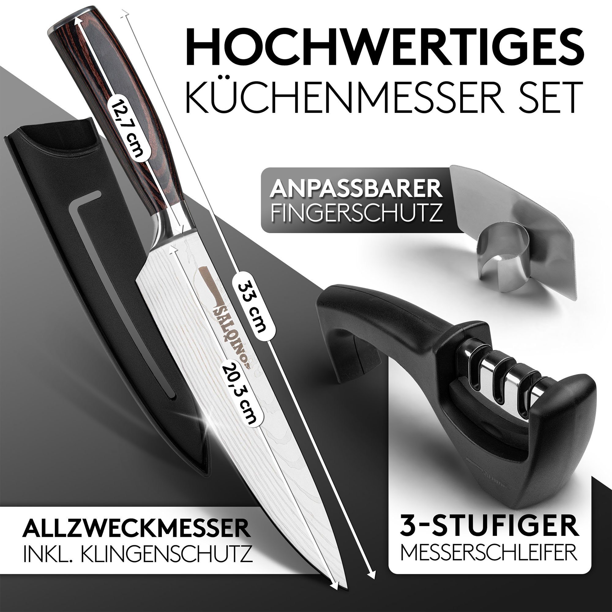 Salqinos® Allzweckmesser - Profimesser aus Carbon Edelstahl mit Messerschärfer & Fingerschutz
