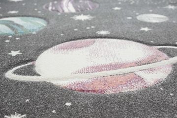 Kinderteppich Kinderteppich Weltraum Lernteppich mit Sternen und Planeten in pastell grau, Teppich-Traum, rechteckig, Höhe: 13 mm