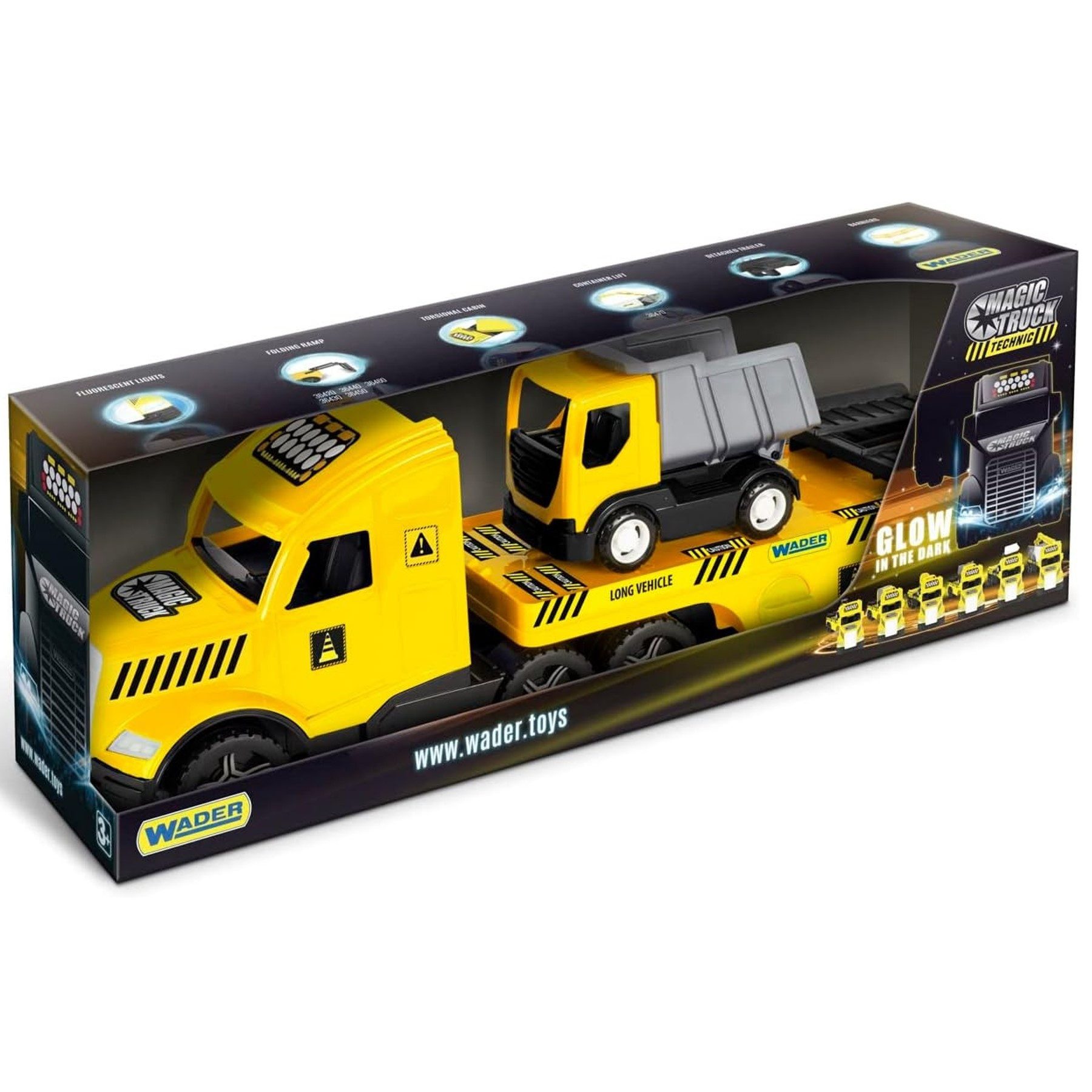 Wader Wozniak Spielzeug-Abschlepper Magic Truck Tieflader mit Kipper, Bau Transportfahrzeug, (SET -mit im Dunkeln leuchtende Scheinwerfer, 8-tlg., 2 Baufahrzeuge für Sandkasten und Kinderzimmer), incl. Muldenkipper Baufahrzeug, Absperrzaun
