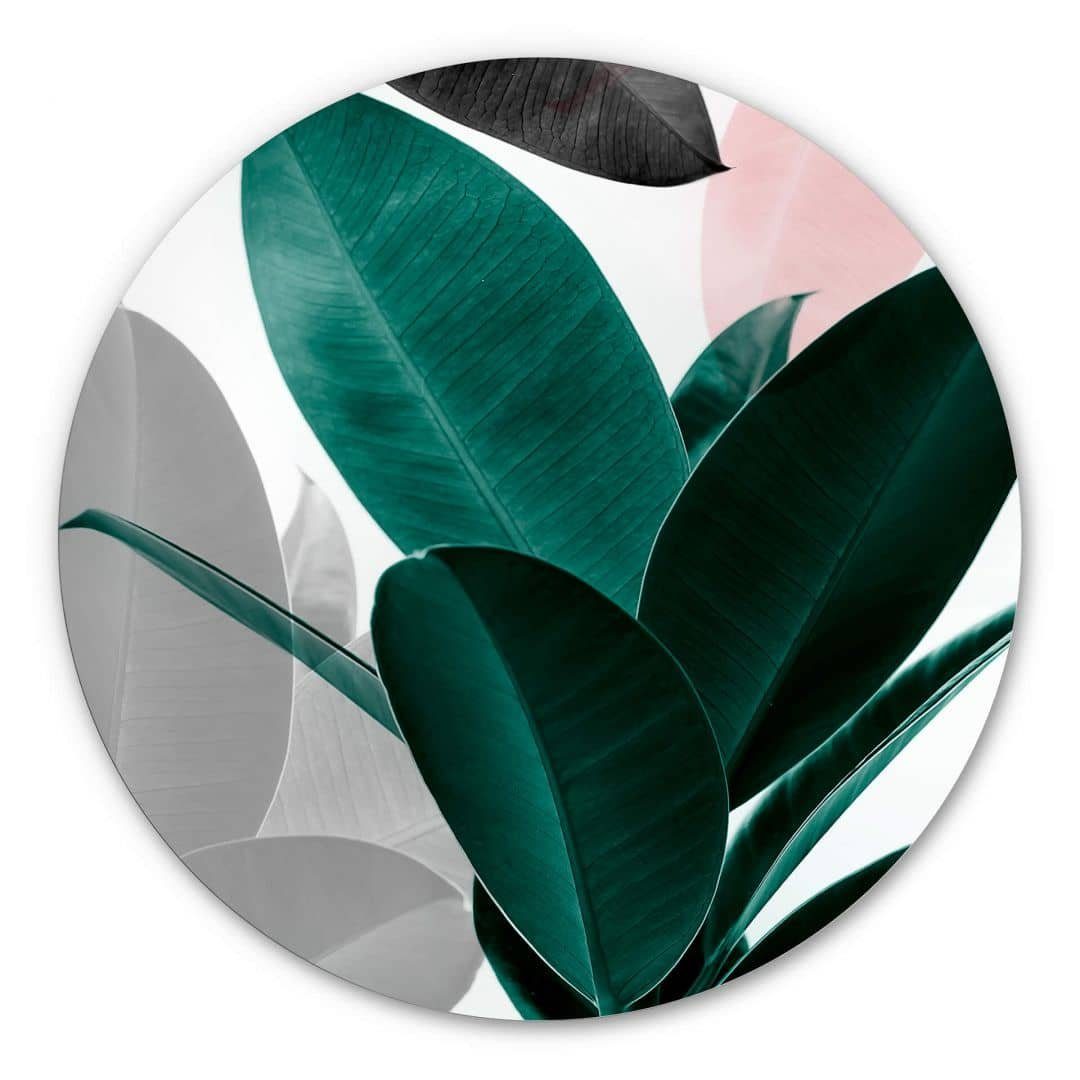 K&L Wall Art Alu-Dibond-Druck Metallposter Rund Tropisch Urban Jungle Bananenblatt Retro Deko, Metalloptik Wandbild Ø 30cm