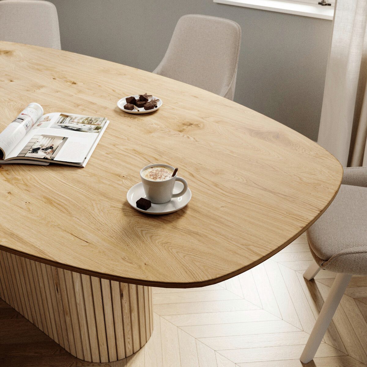 Rellgo Esstisch aus Eiche, Ovaler Massivholztisch Luna – Skandinavisches Design, Rechteck-Gestell aus Eiche, Schweizer Kante, Geölt & handgefertigt