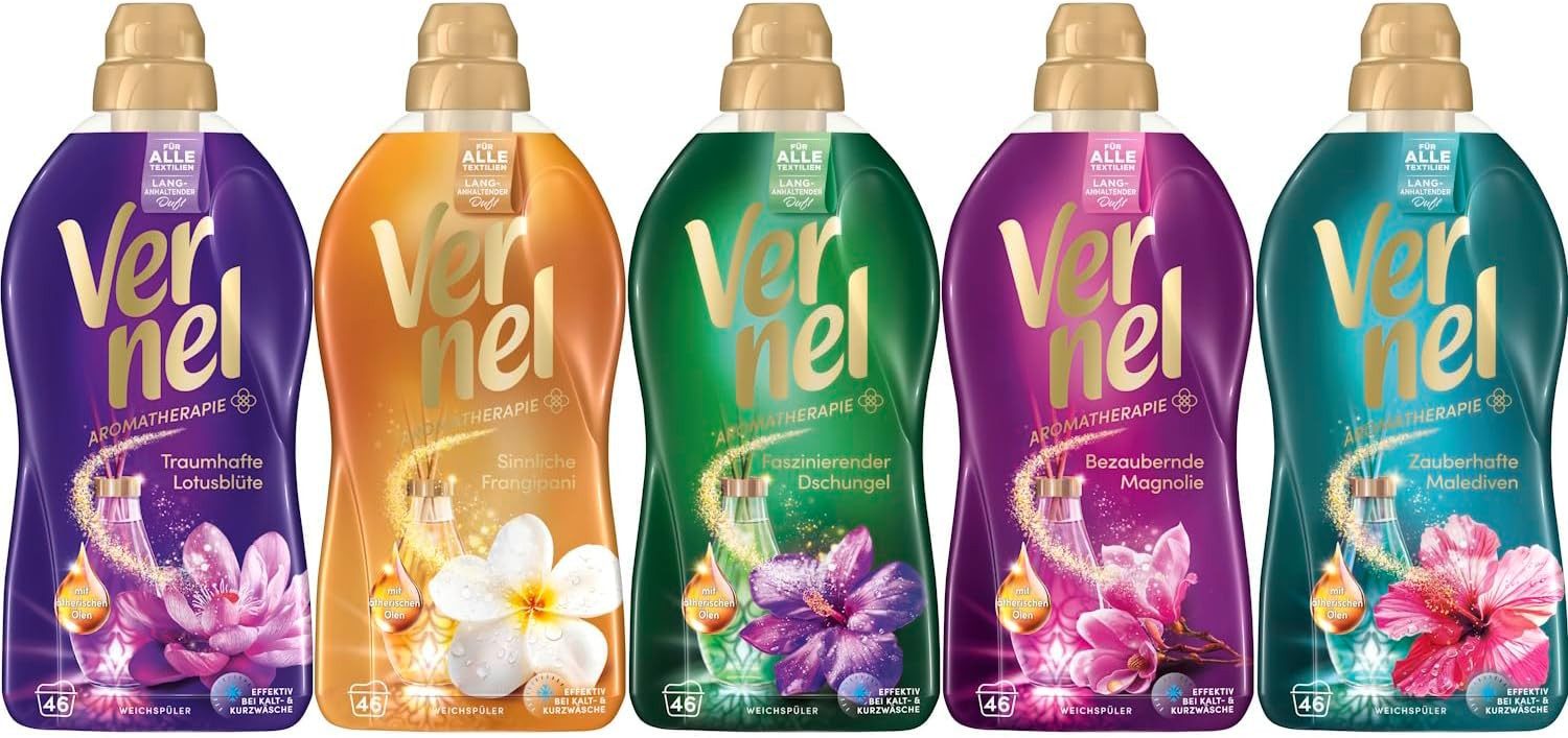 Vernel Aromatherapie Fragipani & Malediven & Dschungel & Magnolie & Lotus Weichspüler (Mix-Set, [5-St. 5x 39 WL (195WL) mit ätherischen Ölen)
