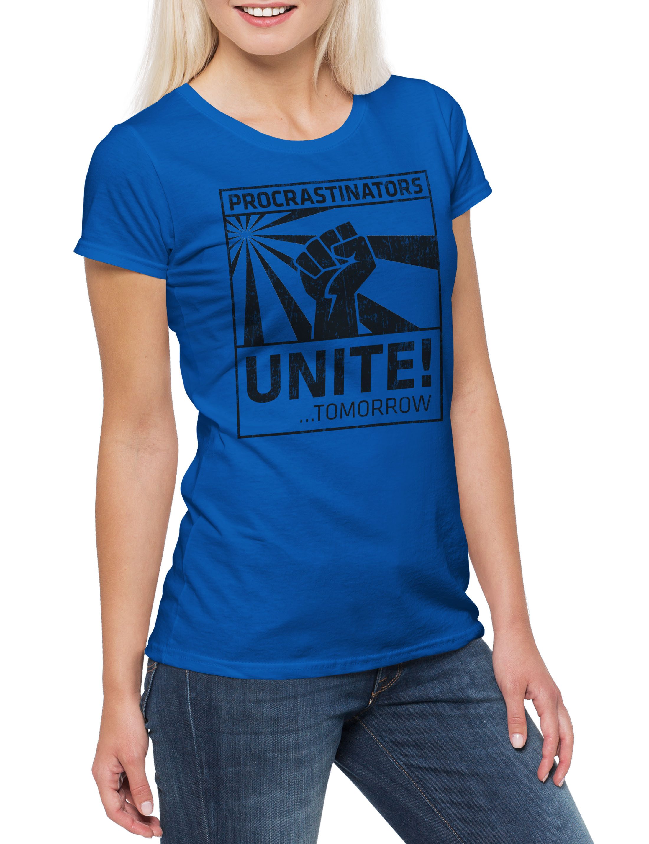 Print-Shirt Procrastinators Unite Damen T-Shirt Geek Nerd Raised Fist Rebellion