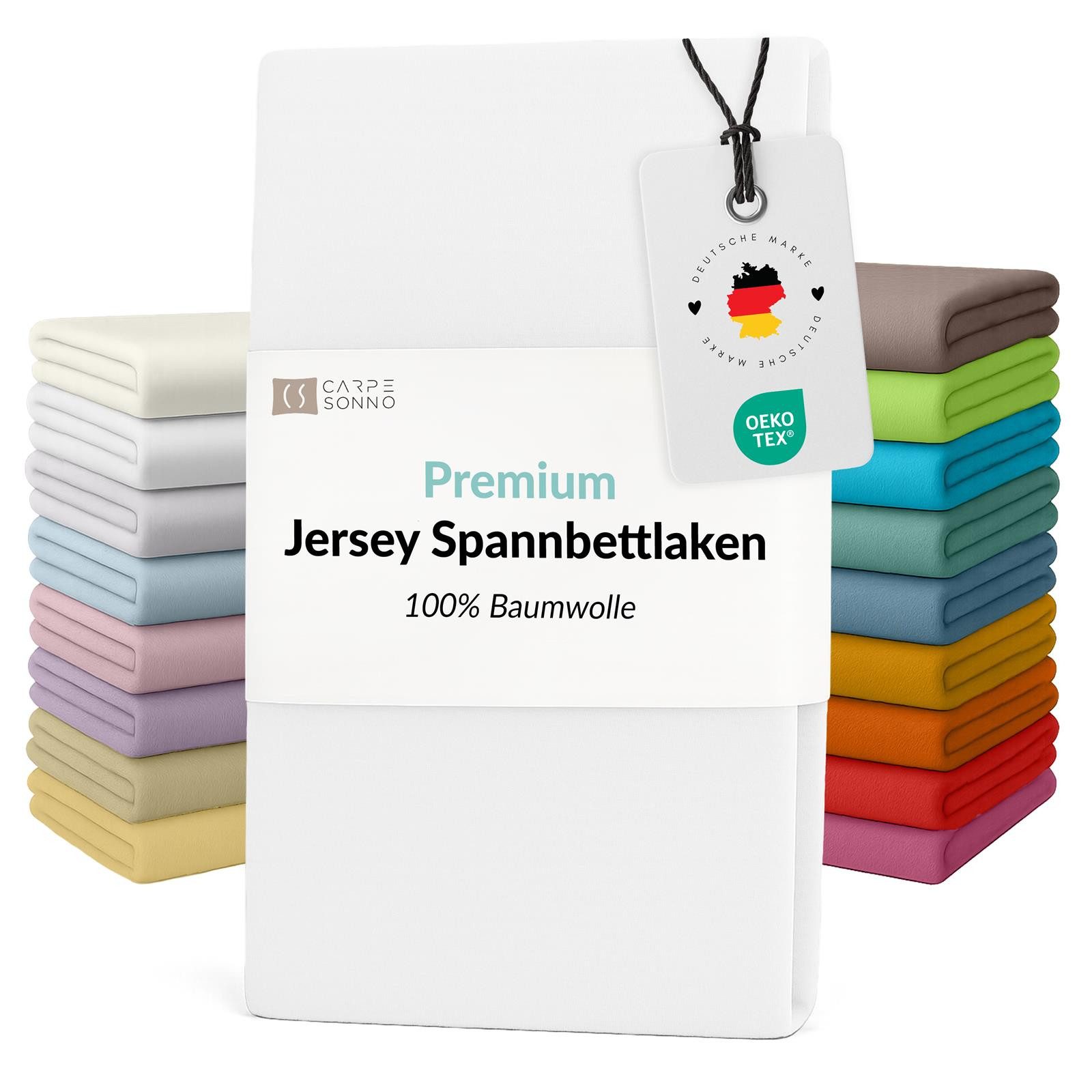 Carpe Sonno Spannbettlaken Jersey Bettlaken 90x200 100x200 140x200 160x200 180x200 200x200 & x220, Jersey, Gummizug: rundum, (1 Stück), Für Matratzen bis 25cm Höhe - 100% Baumwolle - MADE IN EU - OEKO-TEX®