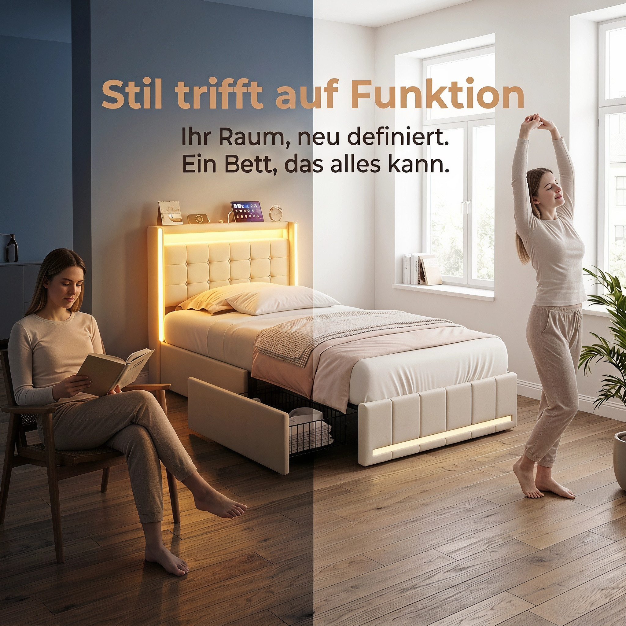 Furnishings Home Polsterbett LED Doppelbett Stauraumbett mit Kopfteil und 4 Schubladen (Leinenmaterial Polsterbett mit RGB Beleuchtung), mit Lattenrost und Ladefunktion, mit Komforthöhe, Leises Design Bett