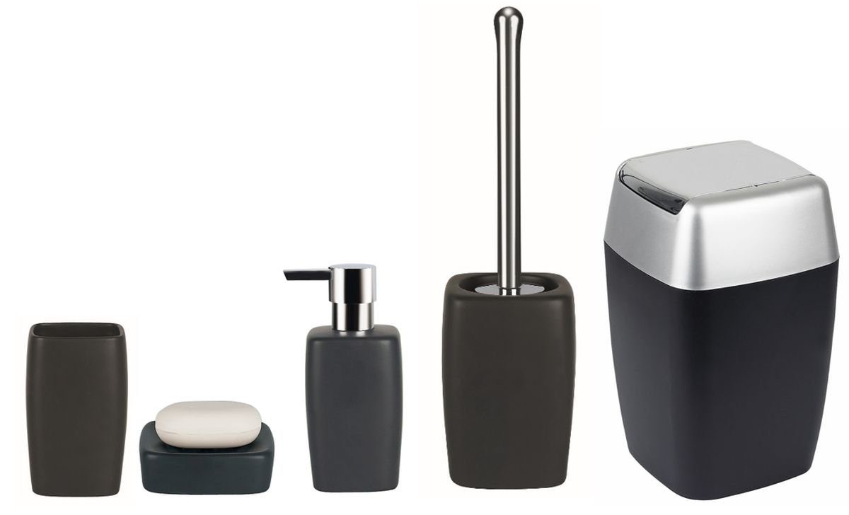spirella Badaccessoires-Sets RETRO, Zubehör-Set aus hochwertiger Keramik, HIPS, schwarz, elegante Matt-Optik, 5 tlg., bestehend aus: Kosmetikeimer, WC-Bürste, Seifenspender, Zahnputzbecher, Seifenschale, Keramik, elegantes matt-Finish, HIPS