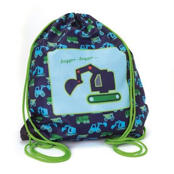 COPPENRATH DIE SPIEGELBURG Kinderrucksack Kleine Freunde Bagger (Set, 4-tlg. inkl. Turnbeutel, Brotdose und Trinkflasche), Rucksack für Jungen in Blau Grün mit Baustellenfahrzeuge