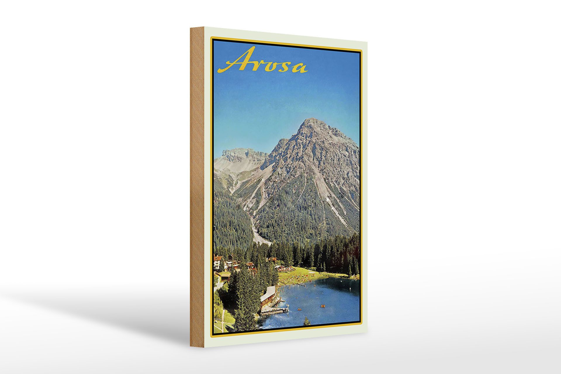 Femer GmbH Holzbild Reise 20x30 cm Arosa im Sommer Berg Fluss, (1 St), Glatte Holzfaserplatte (MDF), vorn beschichtet
