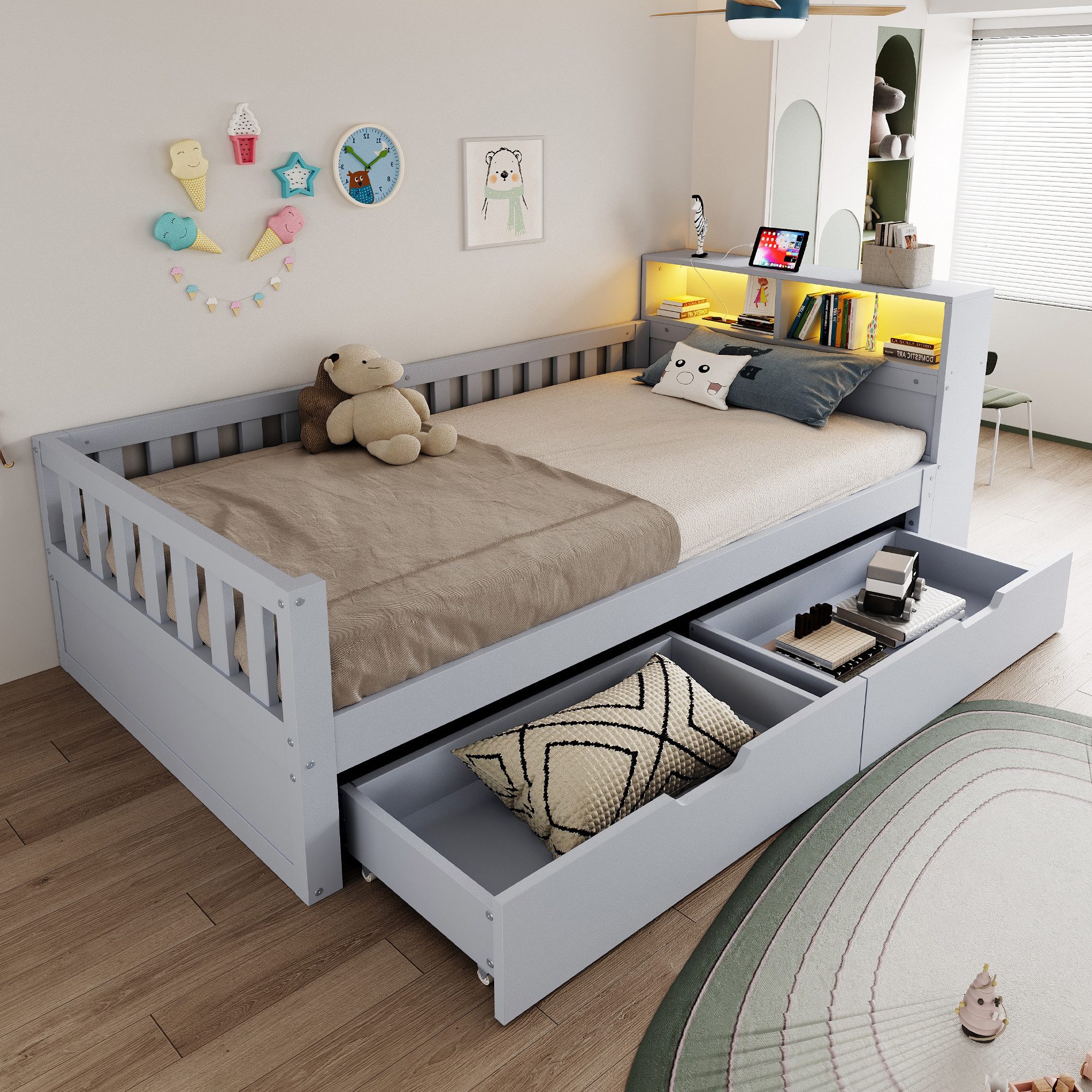 Merax Kinderbett 90x200cm mit LED-Beleuchtung, Steckdose, USB- und Typ-C-Anschluss (Jugendbett Einzelbett, 1-tlg), Holzbett mit Sicherheitsgitter, 2 Schubladen, Ablagefächern, Stauraum