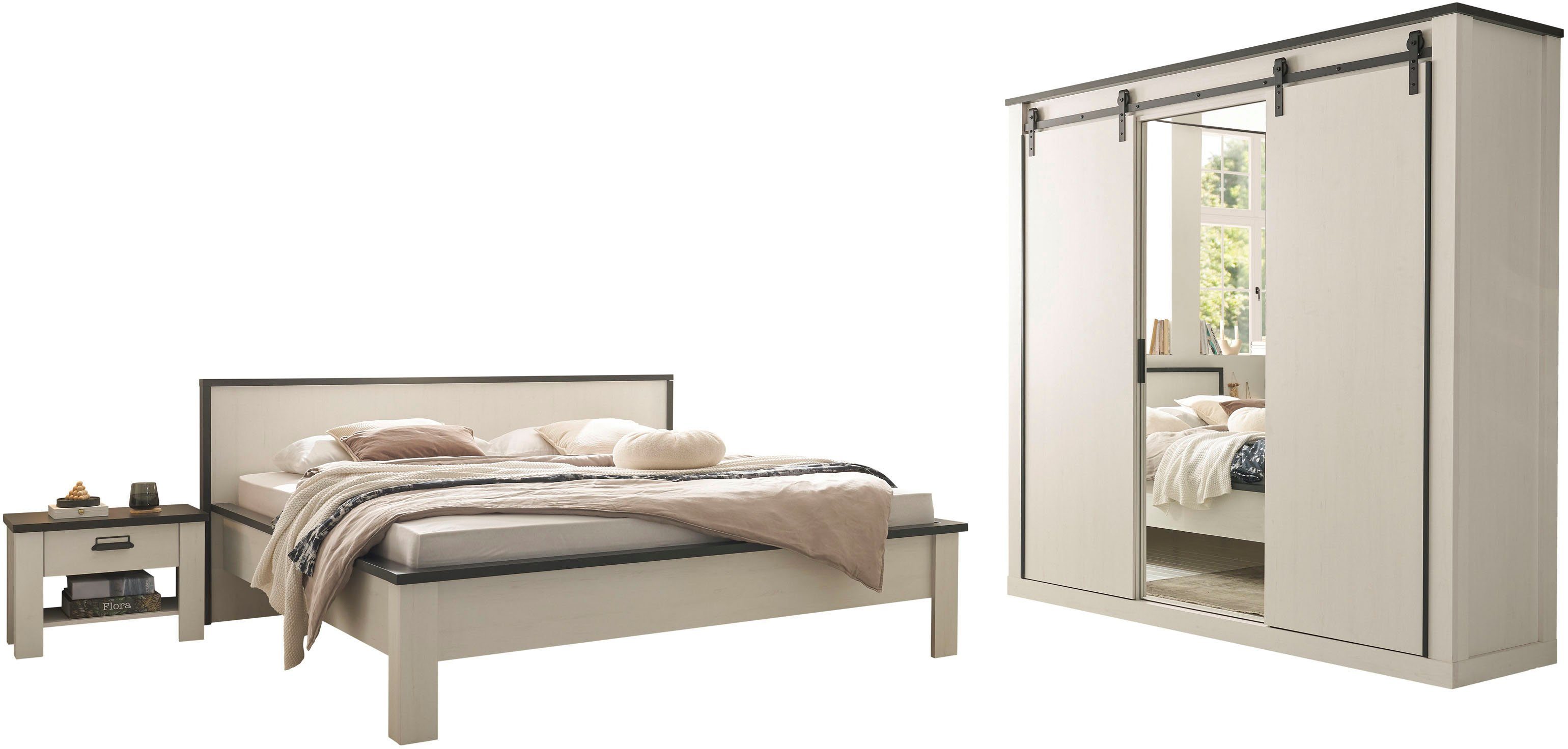 Home affaire Schlafzimmer-Set SHERWOOD, (4-tlg), Liegefläche 180x200cm, Schrank 3-trg. 201cm breit