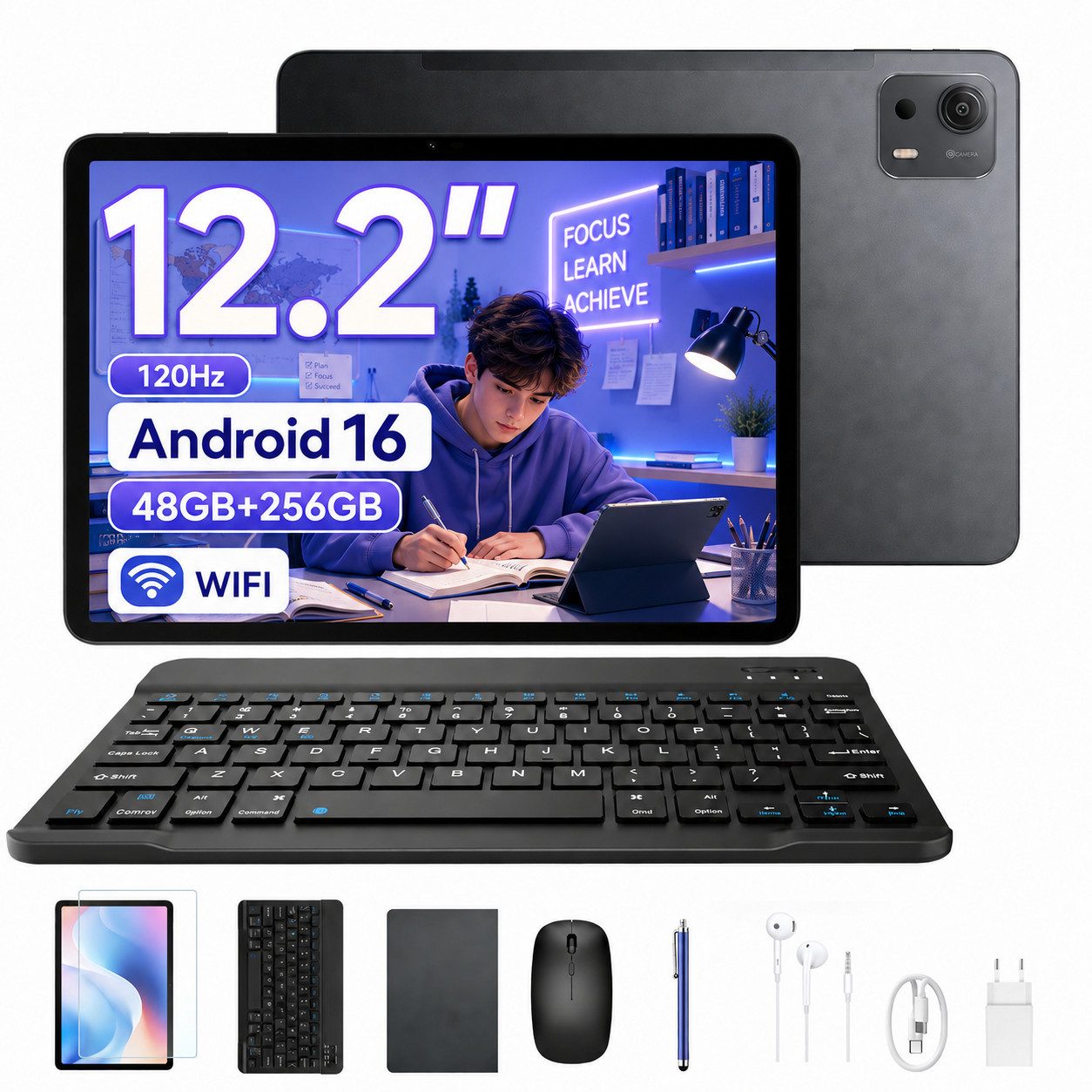 POCKAM P12 Plus 12 Zoll, 2,4K 120 Hz, Android 16, 12000 mAh, mit Tastatur Tablet (12", 256 GB, Android 16, 256GB ROM, T7300 Octa-core,5G WiFi, 8MP+13MP, Gemini AI, Face ID, OTG)
