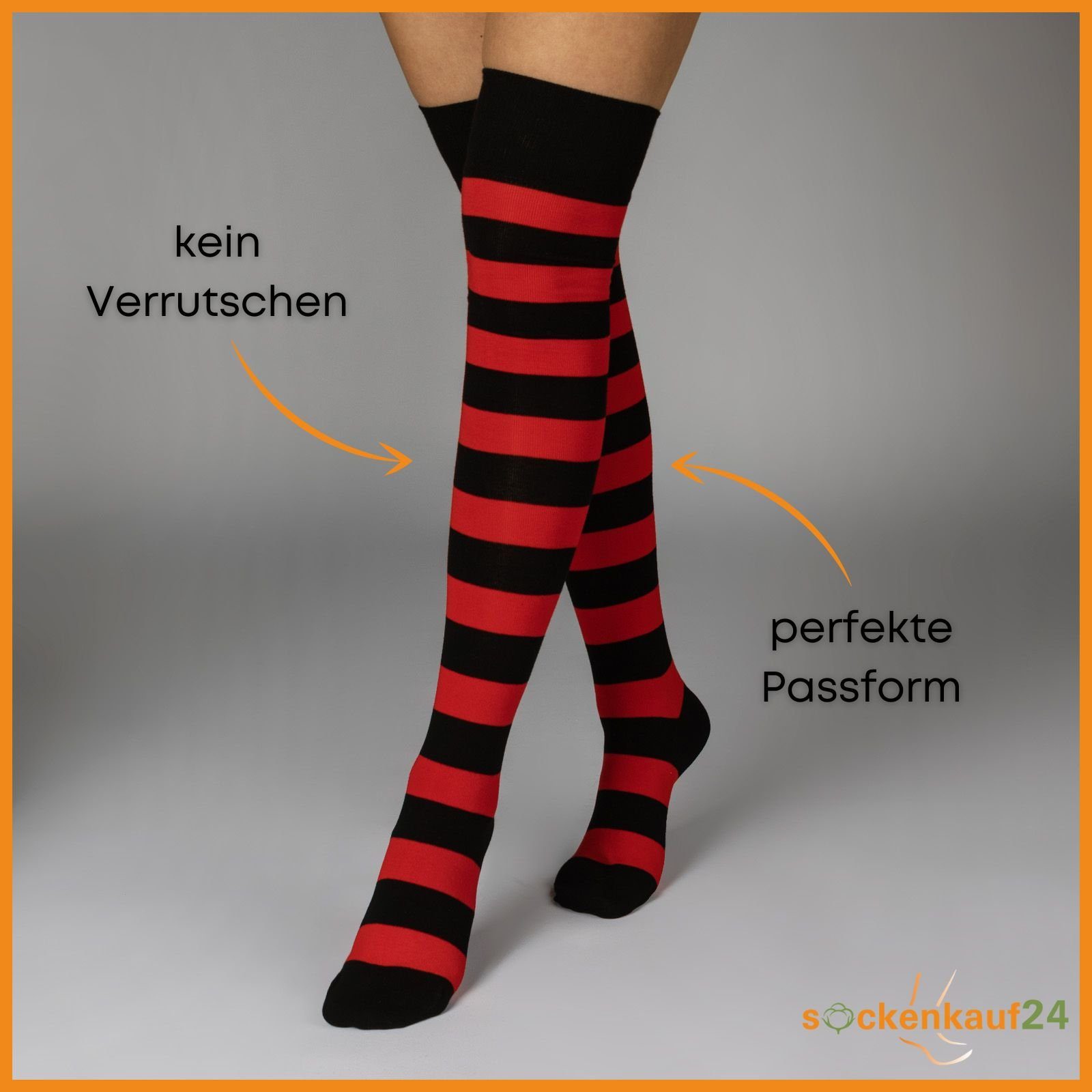 sockenkauf24 Overknees 2 Paar Overknee Strümpfe Damen Kniestrümpfe (Ringel Schwarz/Rot, 39-42) Schwarz Bunt Ringel Baumwolle - 10723 WP