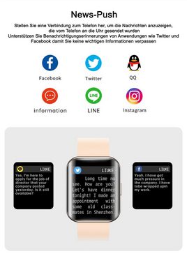 TPFNet SW23 mit Silikon Armband und Temperaturmessung Smartwatch (Android), mit Blutdruck- & Pulsmesser, Musiksteuerung, Schrittzähler, Kalorien, Social Media etc. - Rosa