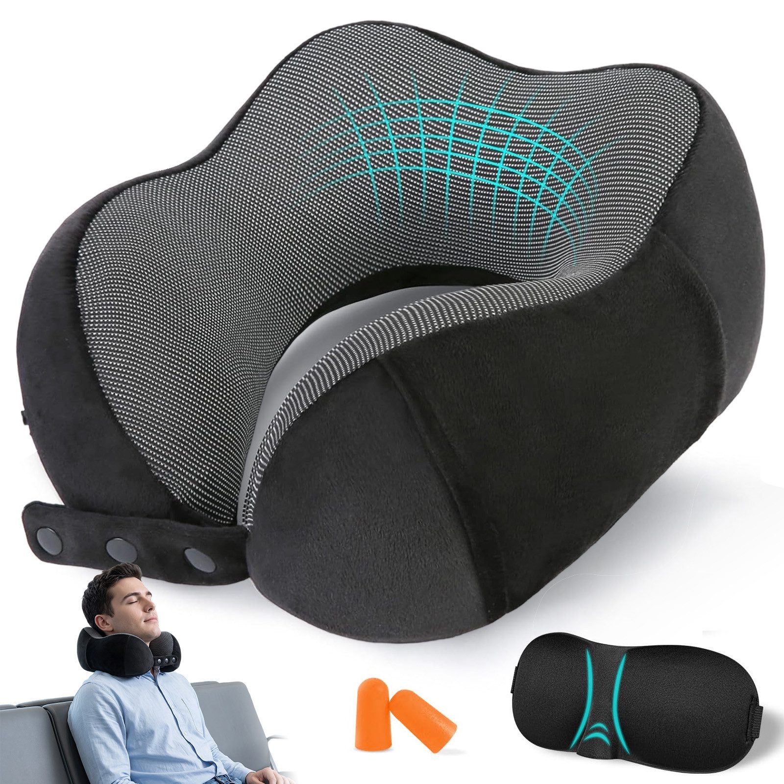 AKKEE Nackenhörnchen Nackenkissen aus Memory-Schaum, Reisekissen für Flugzeuge, mit Schlafmaske